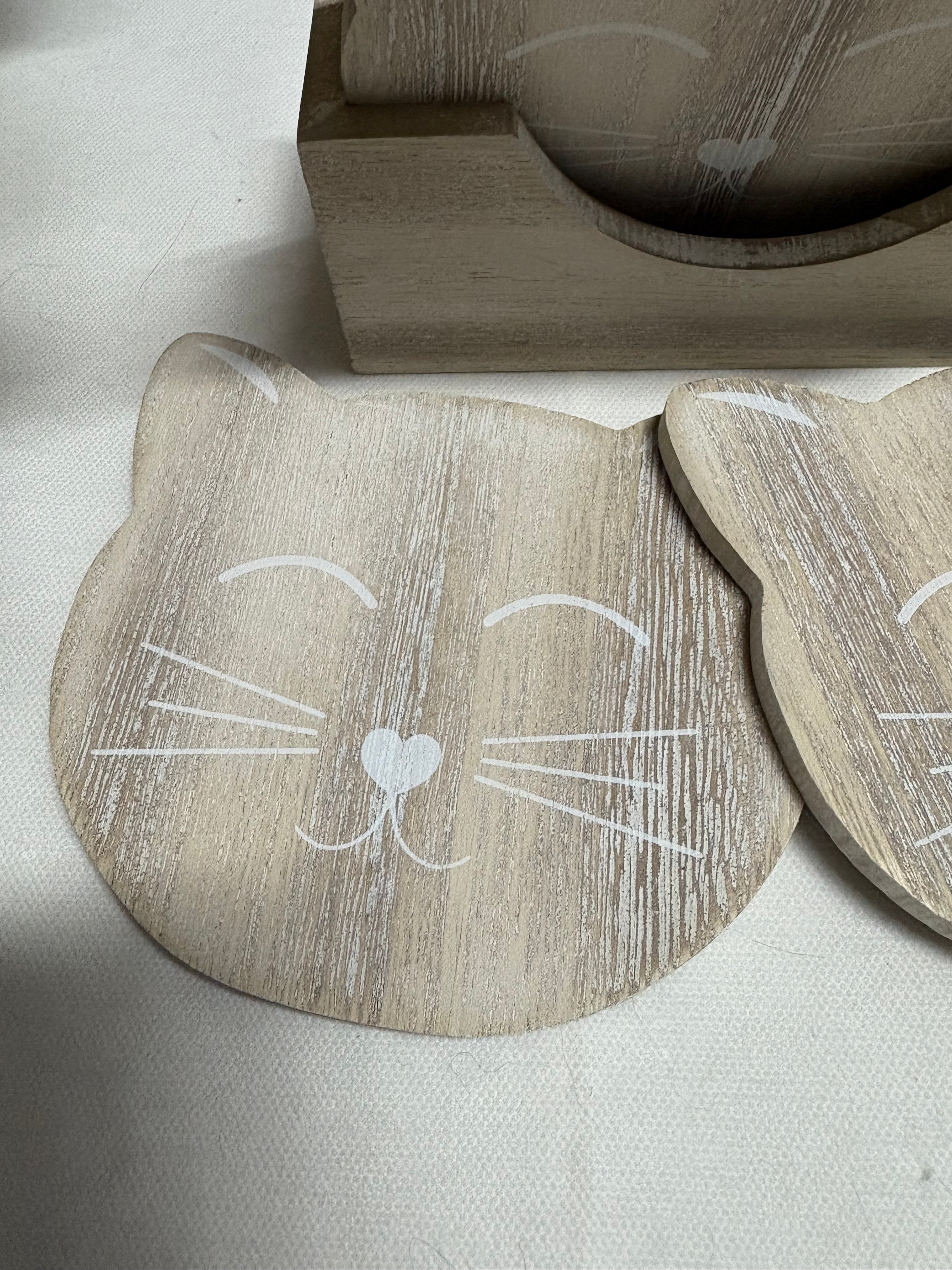 6 x Cat Face Coasters with Wooden Box, 12cm