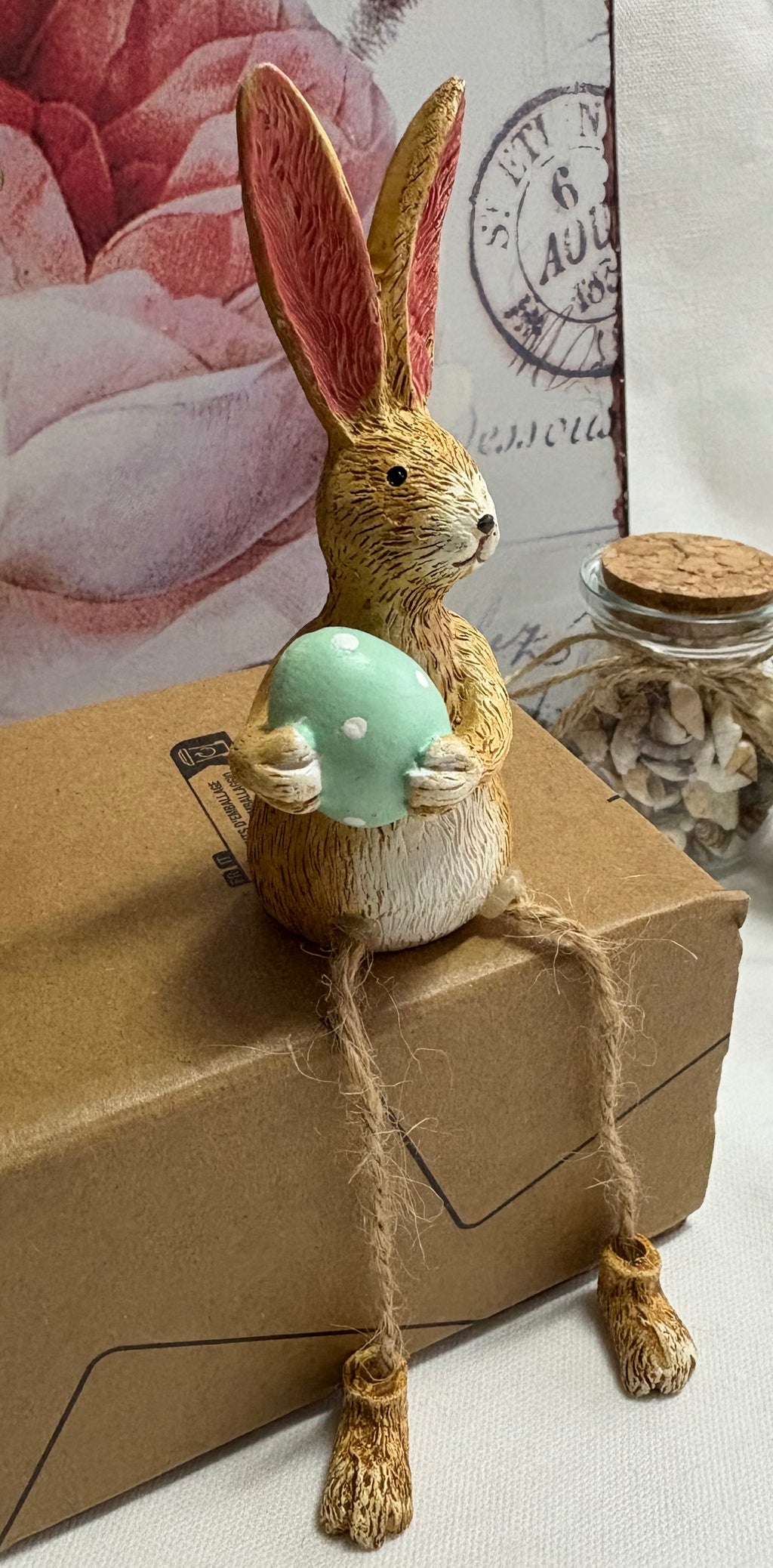 Brown Sitting Green Egg Twine Leg Bunny Resin Figure