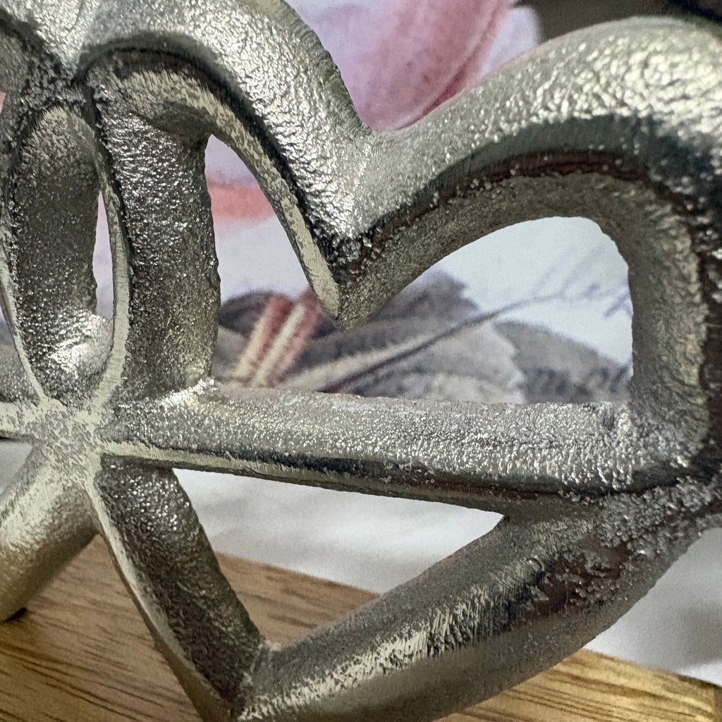 Double Heart & Cupids Arrow Metal Ornament on Wooden Block