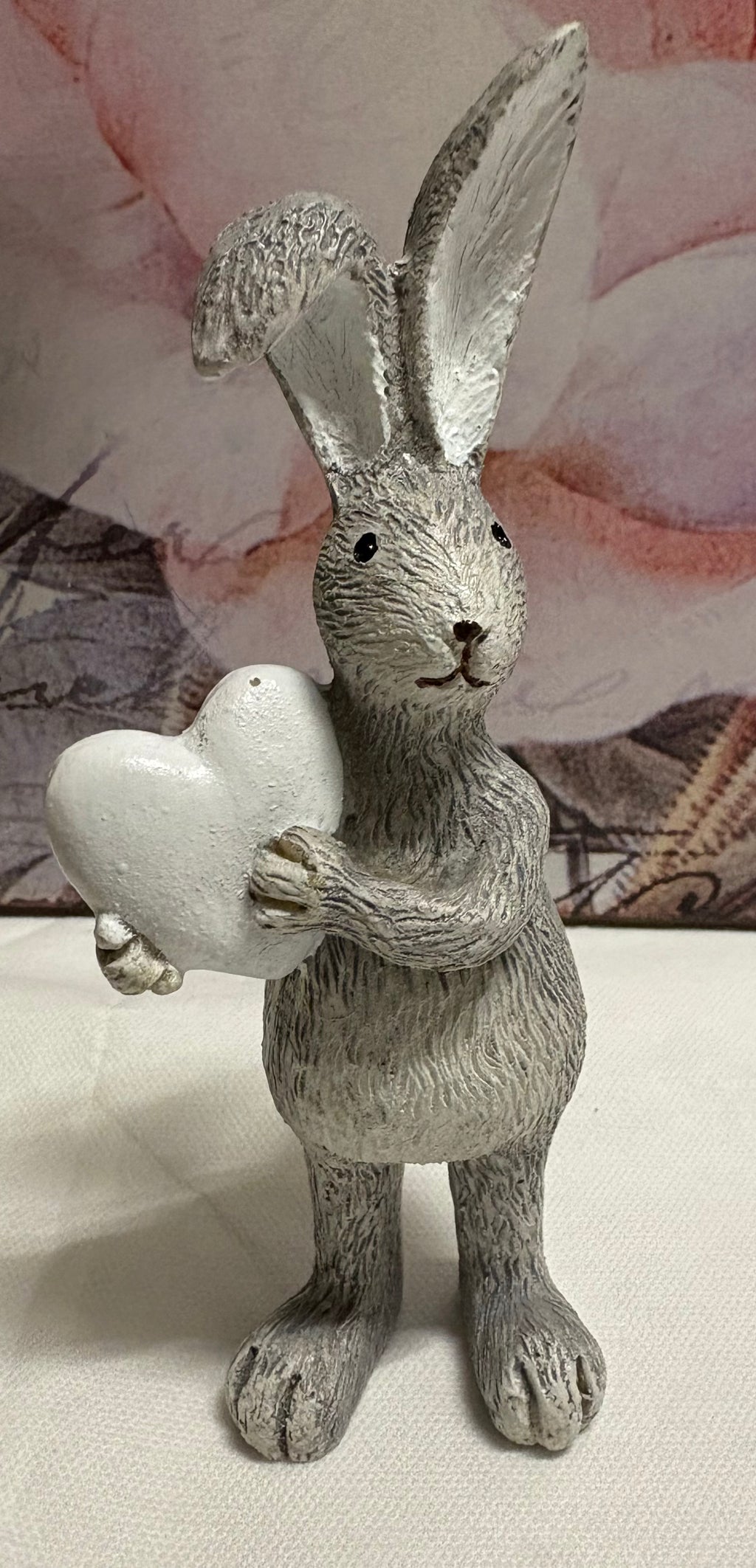 Grey White Heart Standing Bunny Resin Figure