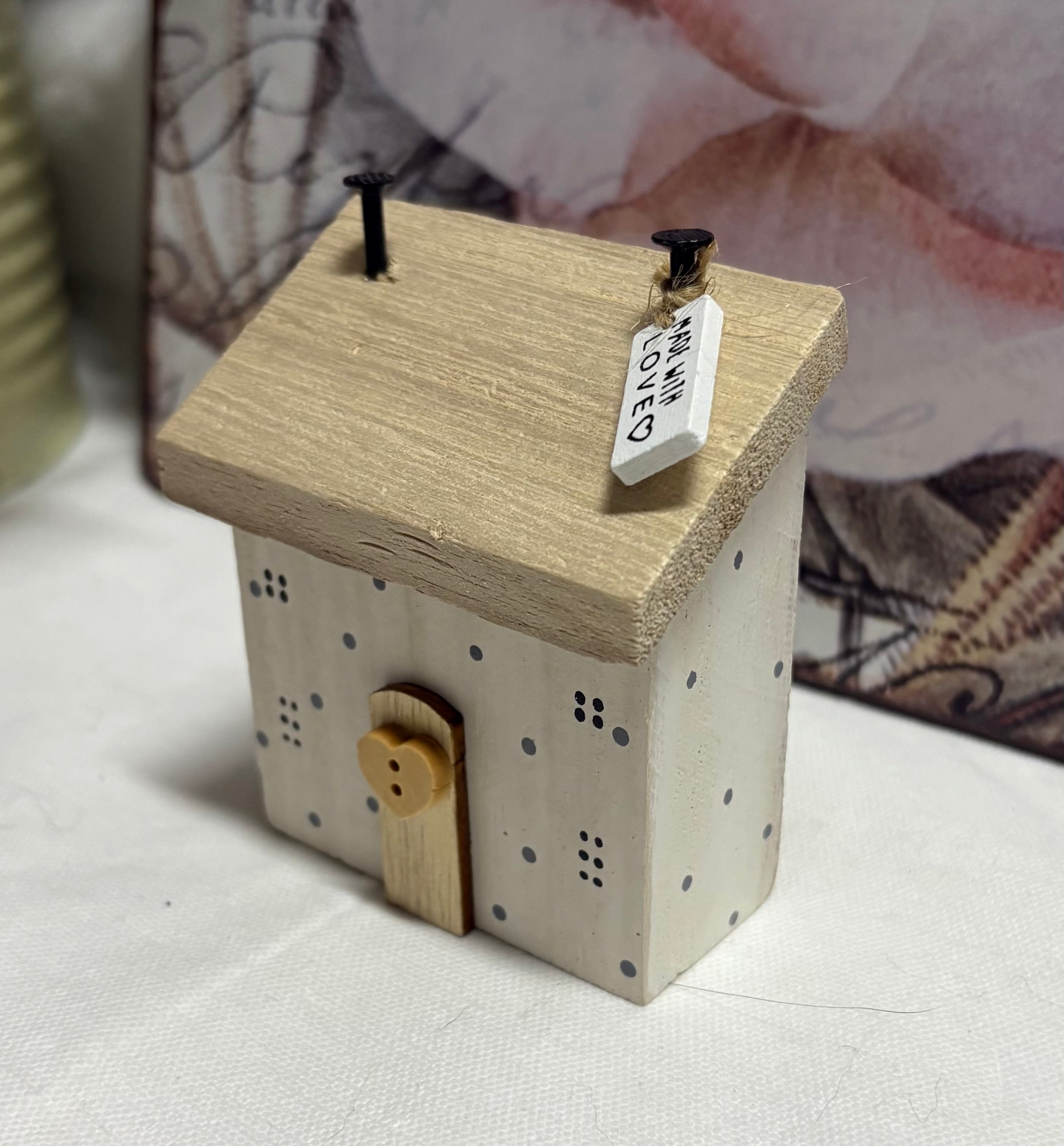 White Made with Love Wooden House Ornament, 8cm