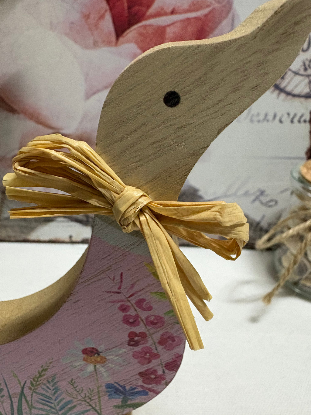 Floral Wooden Duck Ornament - Pink, 15cm