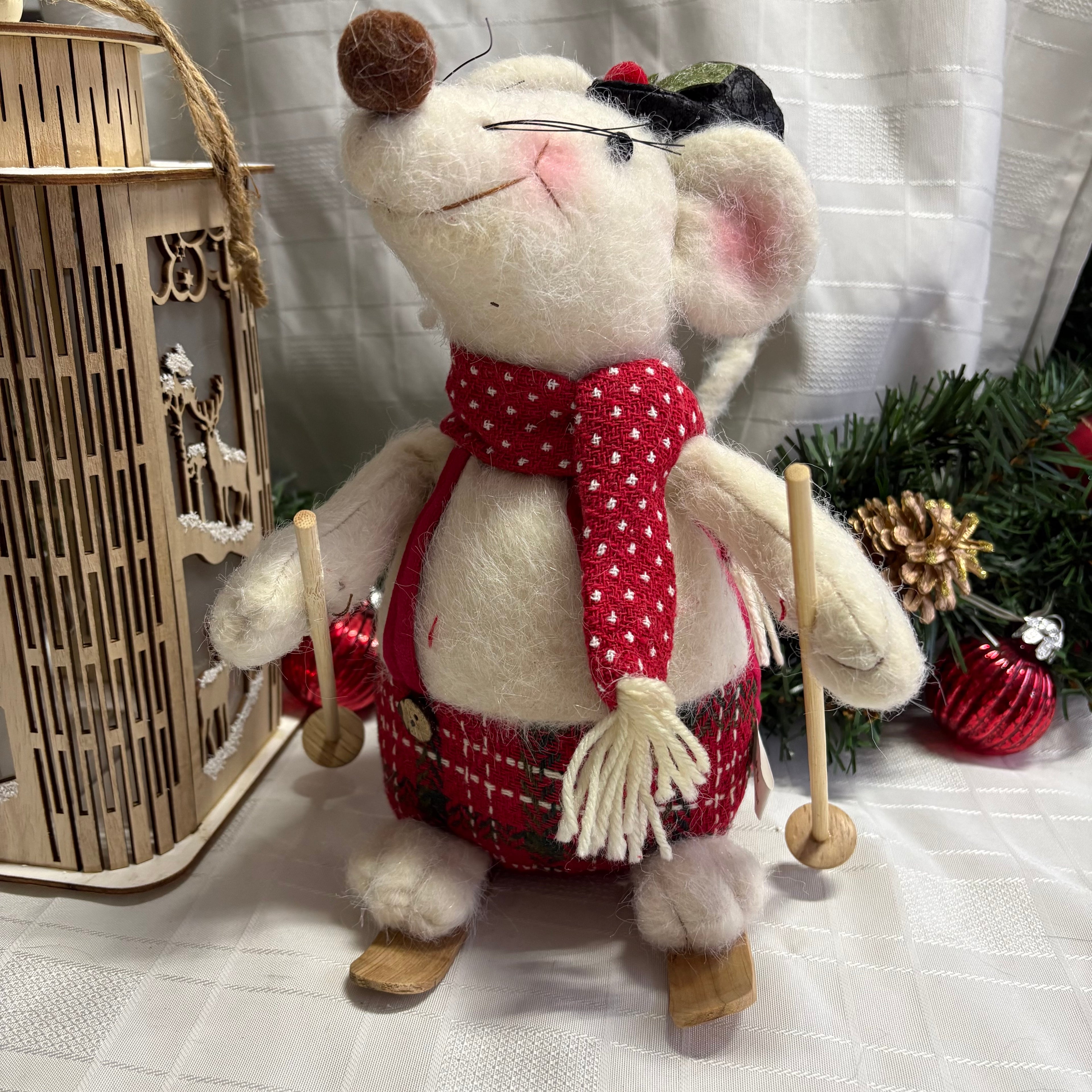 Skiing Mouse Soft Christmas Ornament - Green or Red Scarf