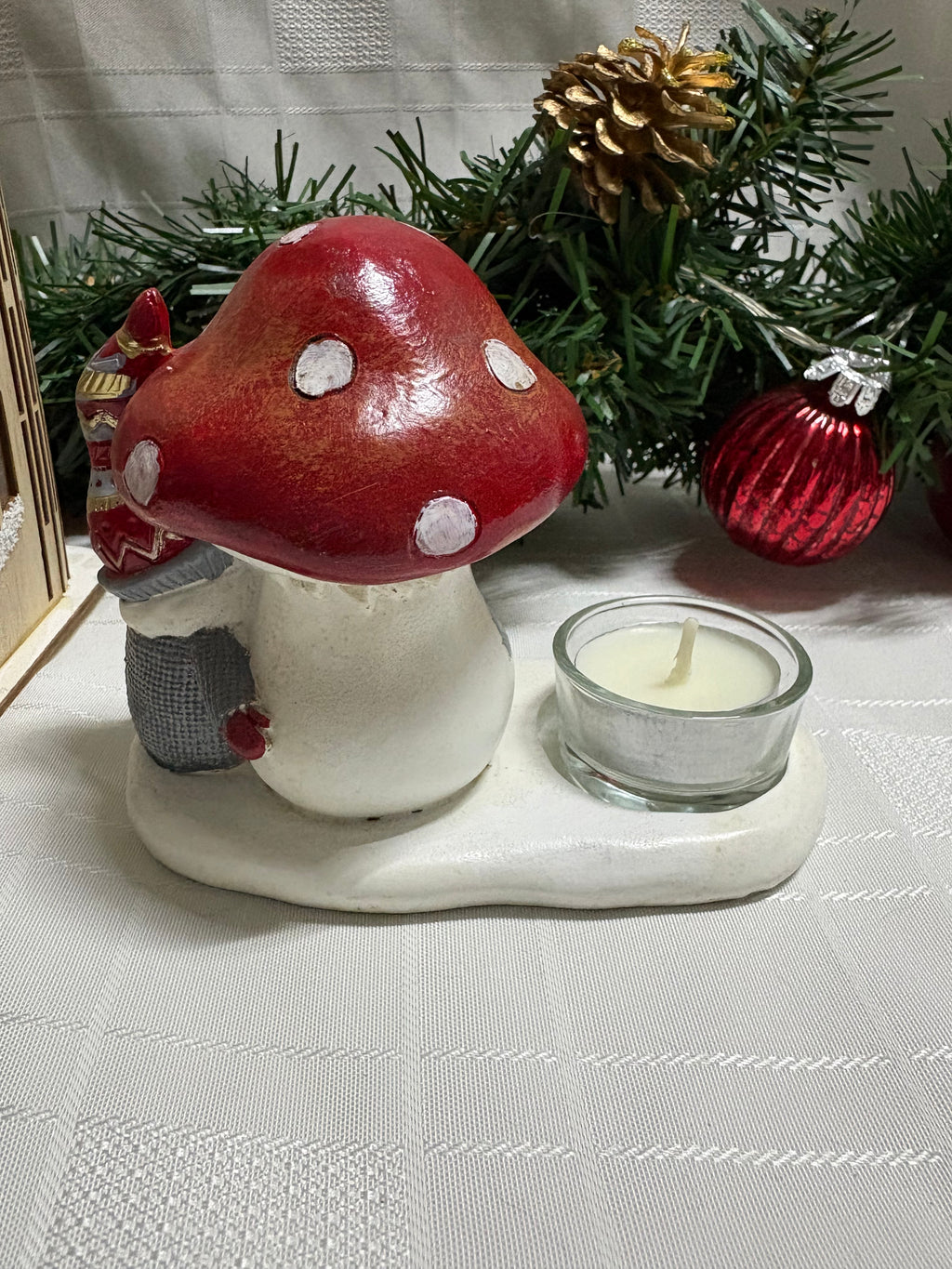 Santa with Toadstool Resin T Light Holder Ornament