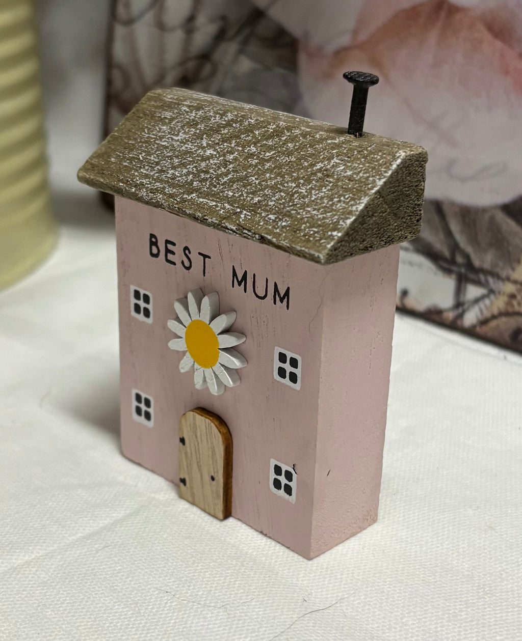 Pink 'Best Mum' Wooden House Block, 8.5cm