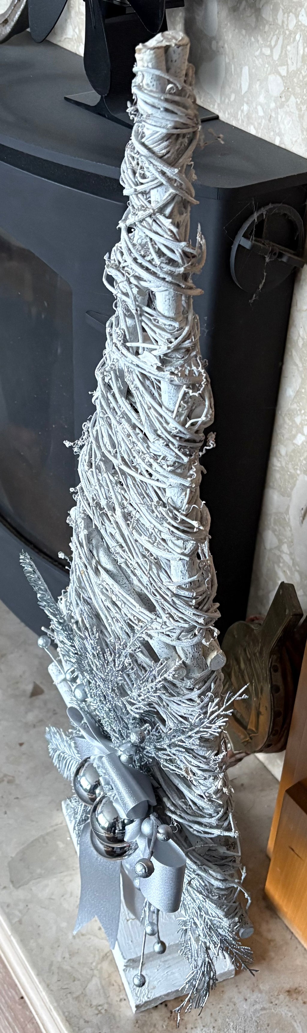 Silver & White Large Wooden Tree Ornament with Bow