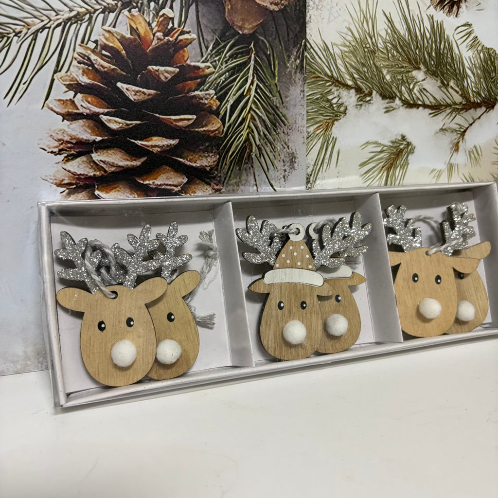 Set of 6 x Wooden Glitter Reindeer Christmas Tree Hanging Decorations