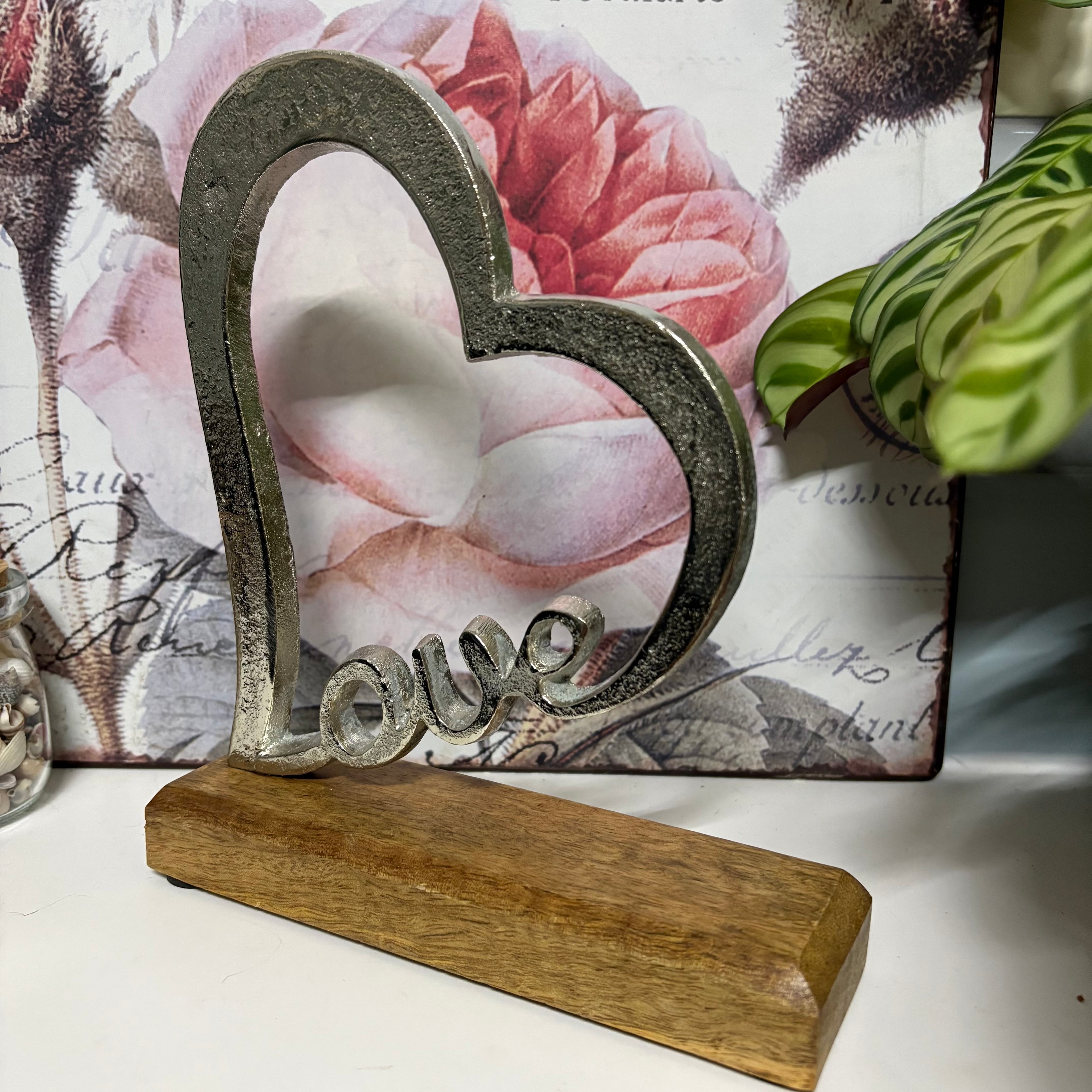 Aluminium Love Heart Metal Ornament in Wooden Block