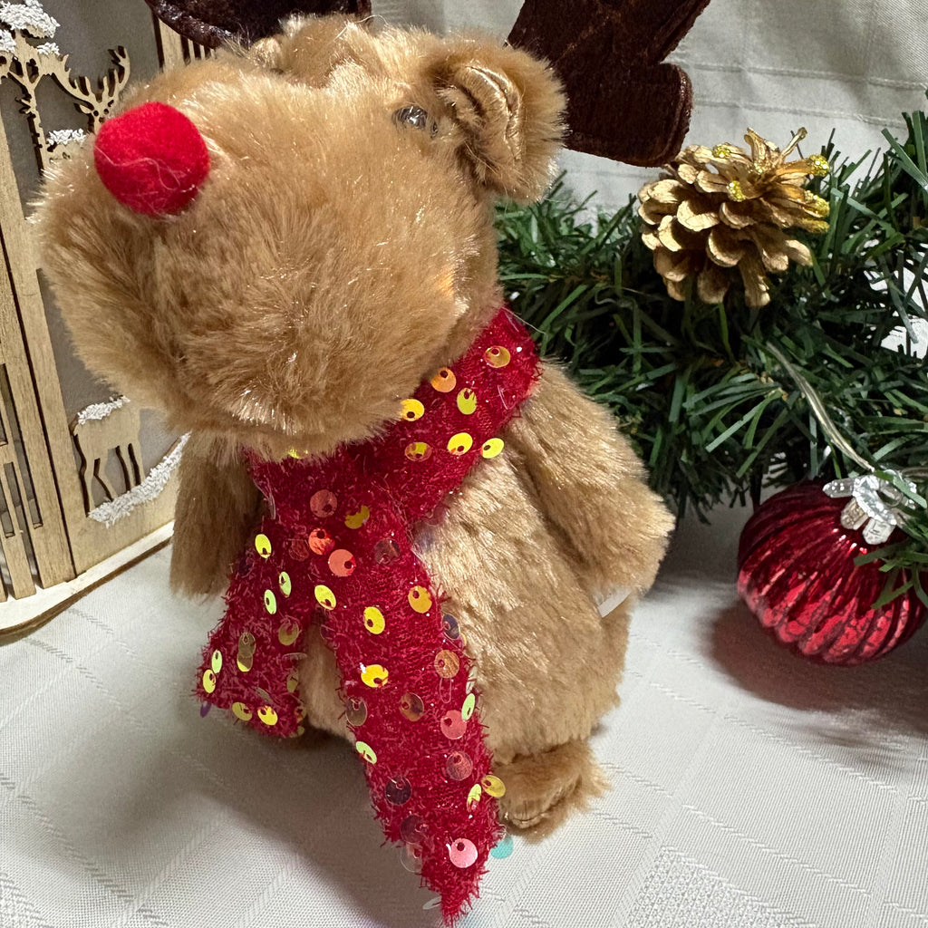 Fluffy Reindeer Plush with Red Sequin Scarf Ornament & Stocking Set