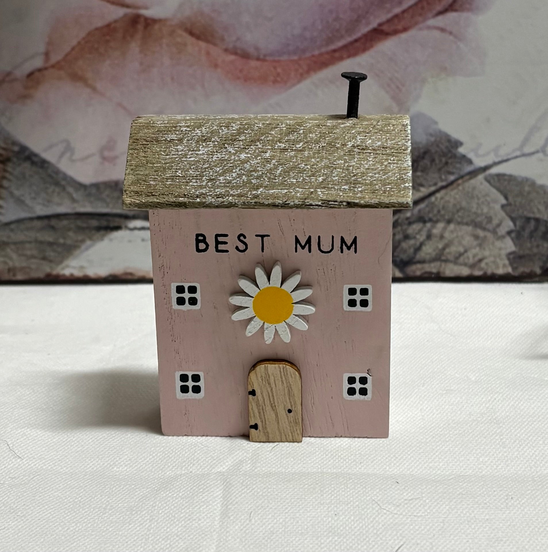 Pink 'Best Mum' Wooden House Block, 8.5cm