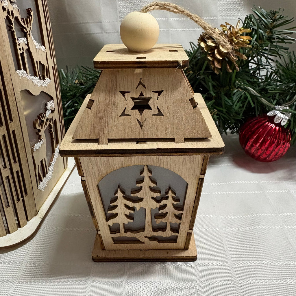 LED Light Up Hanging Wooden Lantern with Christmas Scene