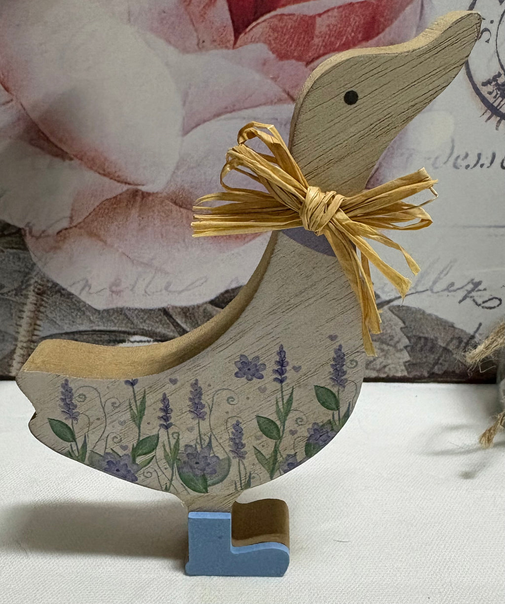 Floral Wooden Duck Ornament - Blue, 15cm