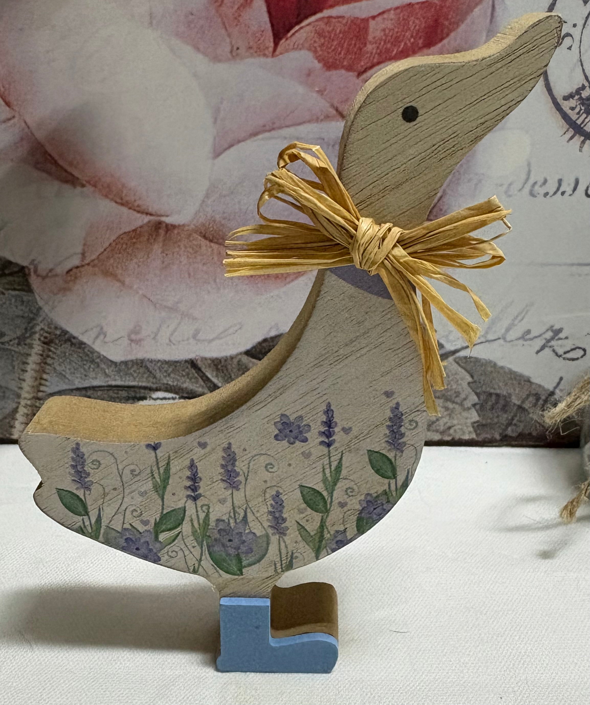 Floral Wooden Duck Ornament - Blue, 15cm