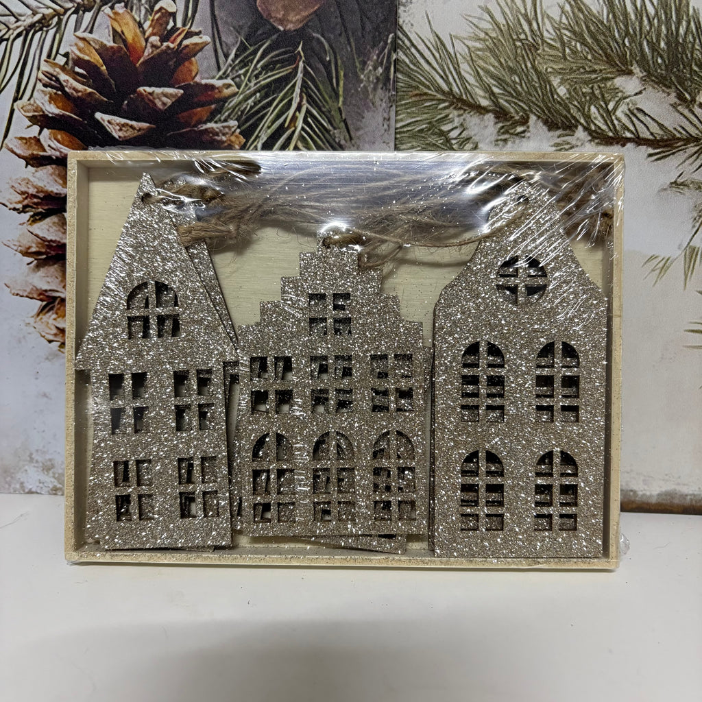 Set of 9 x Gold Glittery Wooden House Hanging Christmas Decorations