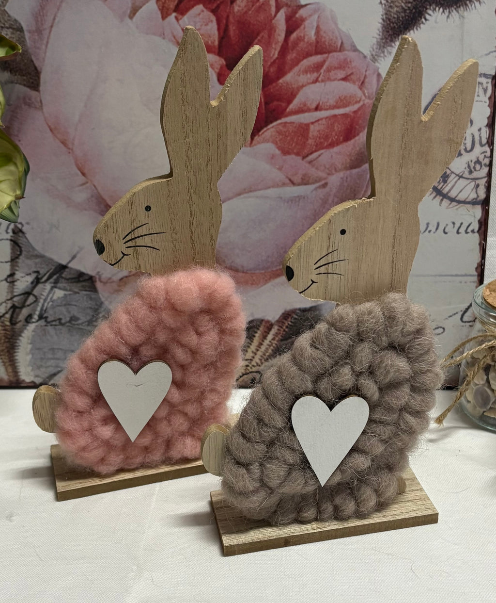 Pair of Wood & Wool Rabbit Ornaments