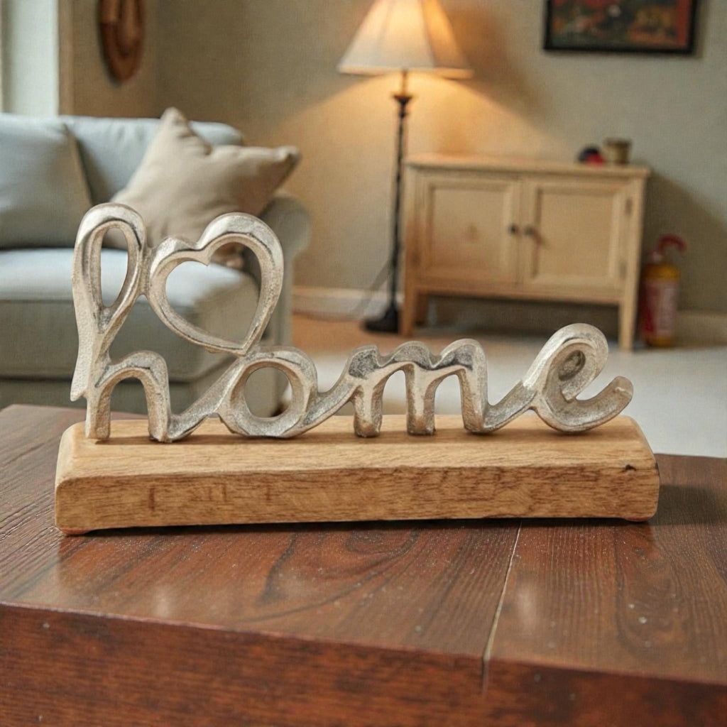 Metal 'Home' Sign on Wooden Base