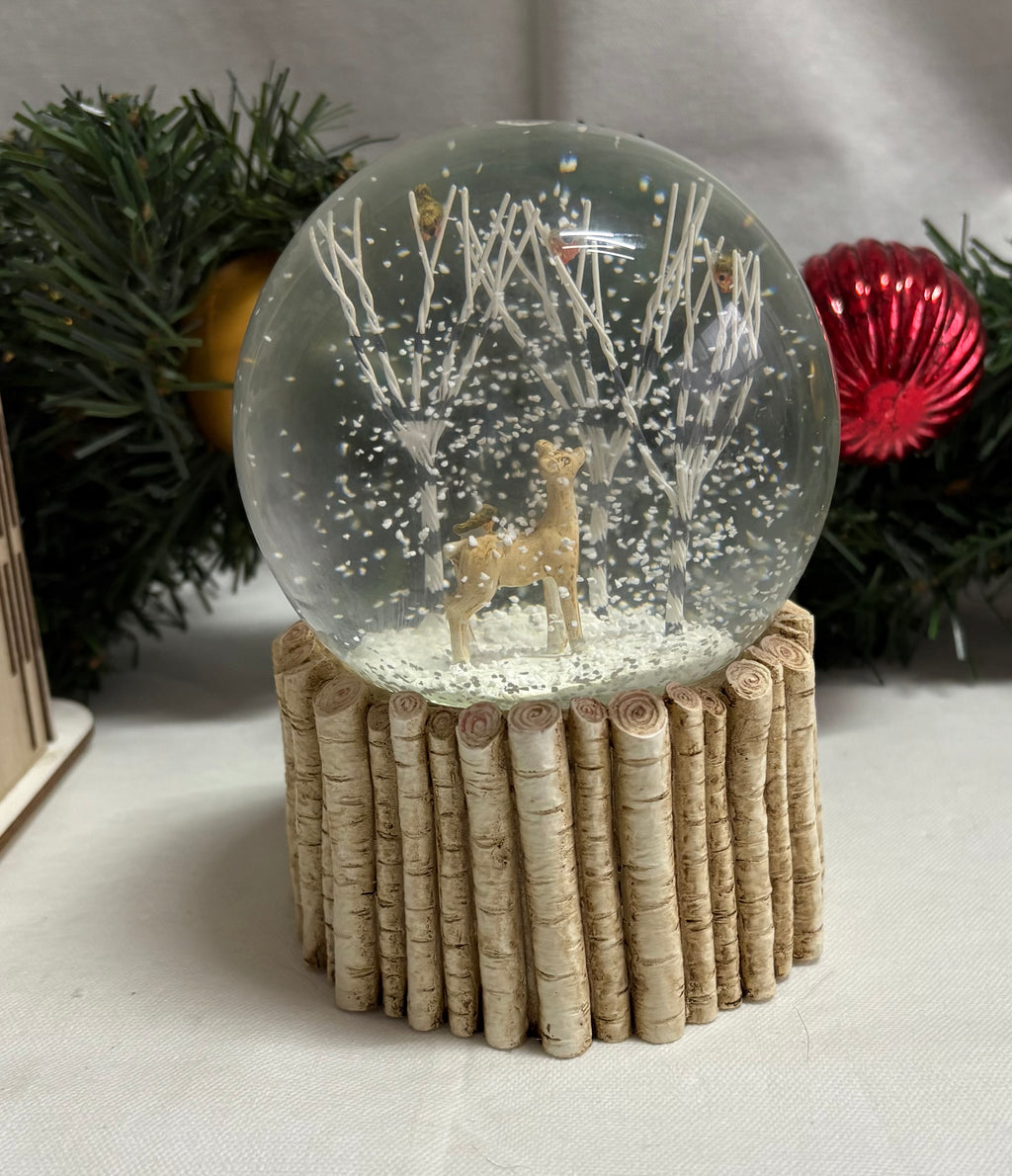 Beautiful Medium Sized Deer & Birds Wooden Base Snow Globe