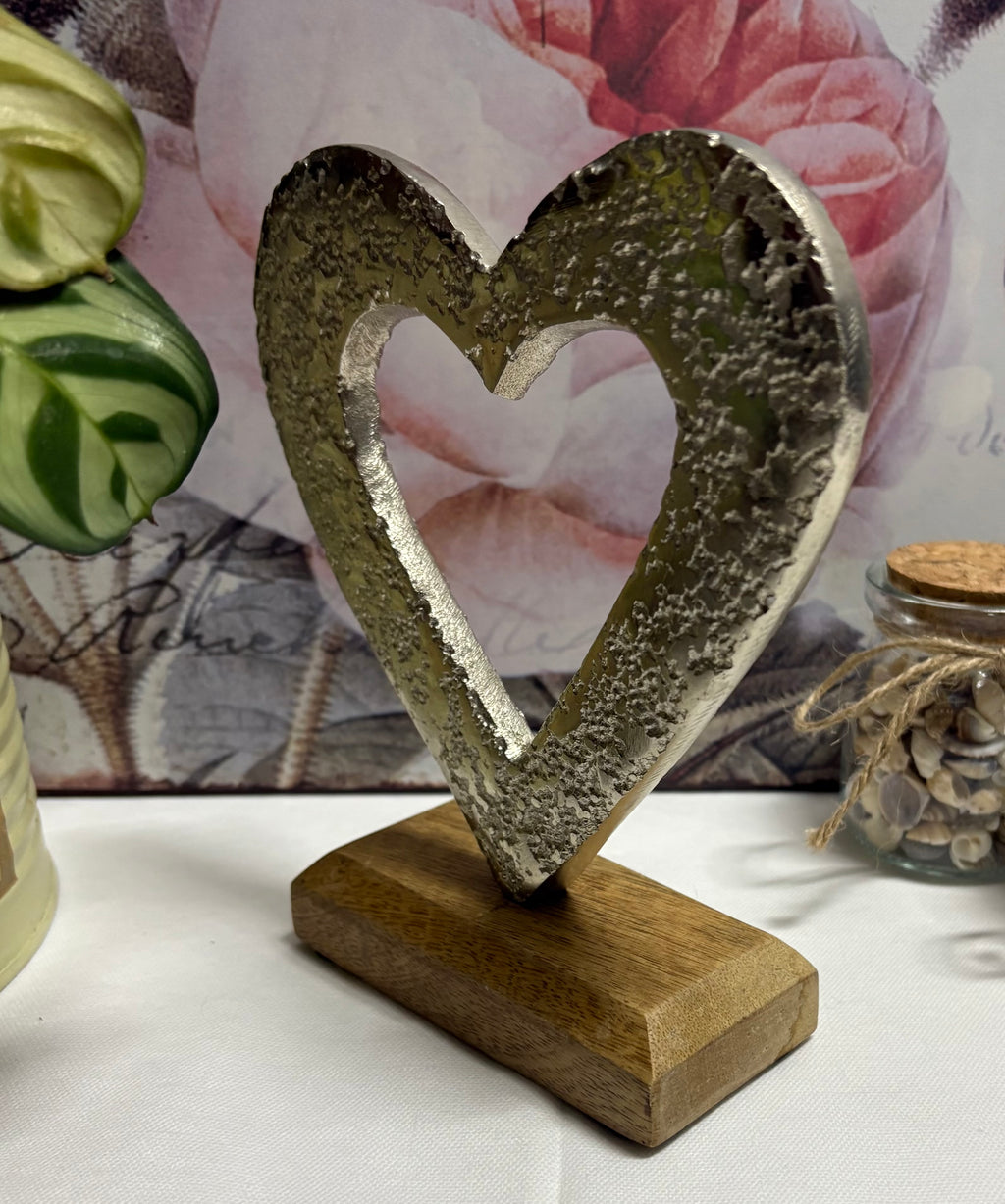 Hammered Metal Heart on Wooden Block Ornament