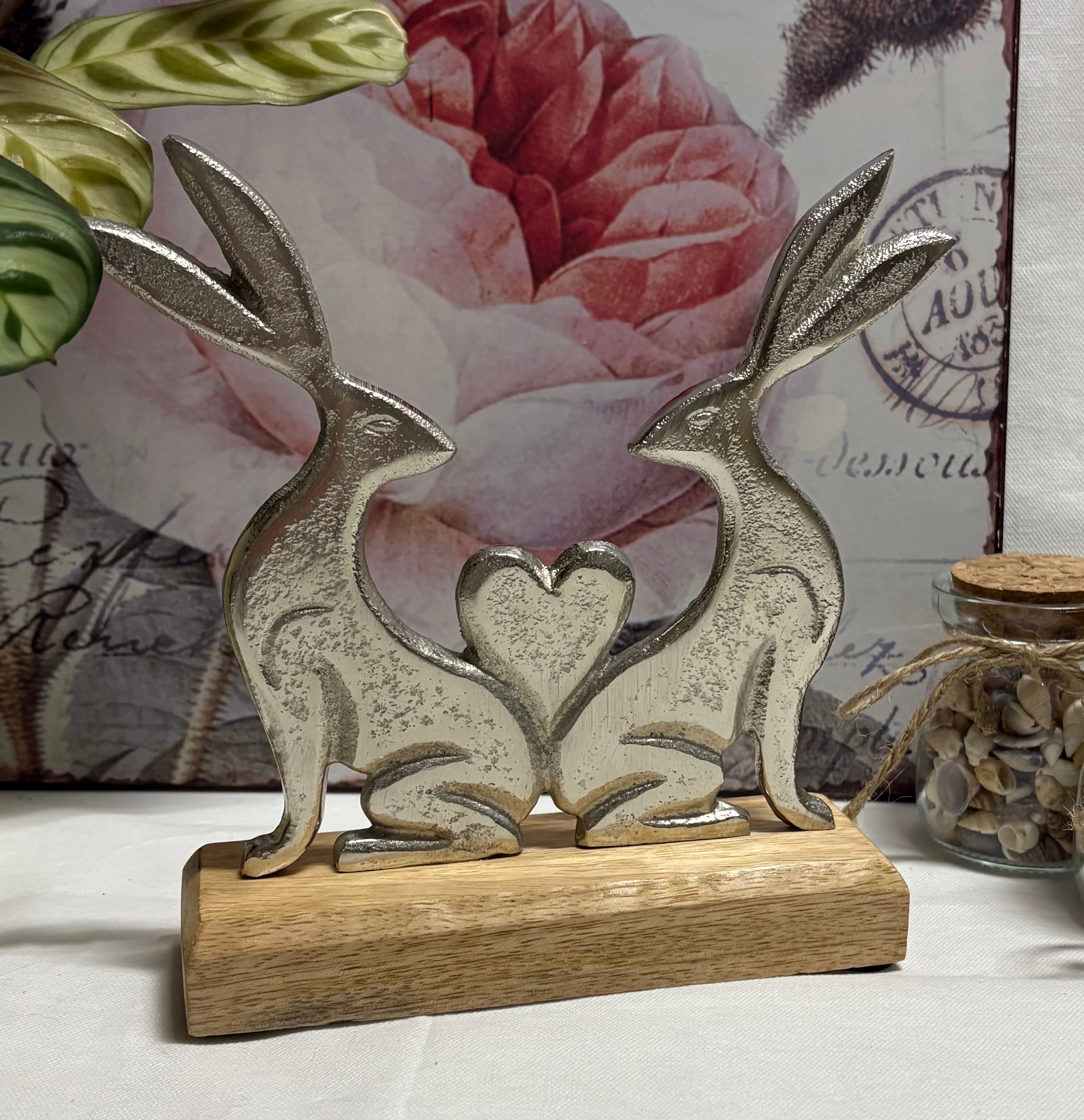Pair of Metal Rabbits Hare Bunnies with Heart on Wooden Base Ornament - 2 Sizes
