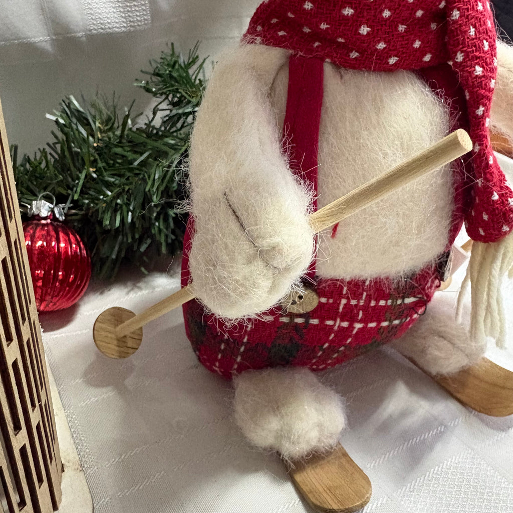 Skiing Mouse Soft Christmas Ornament - Green or Red Scarf