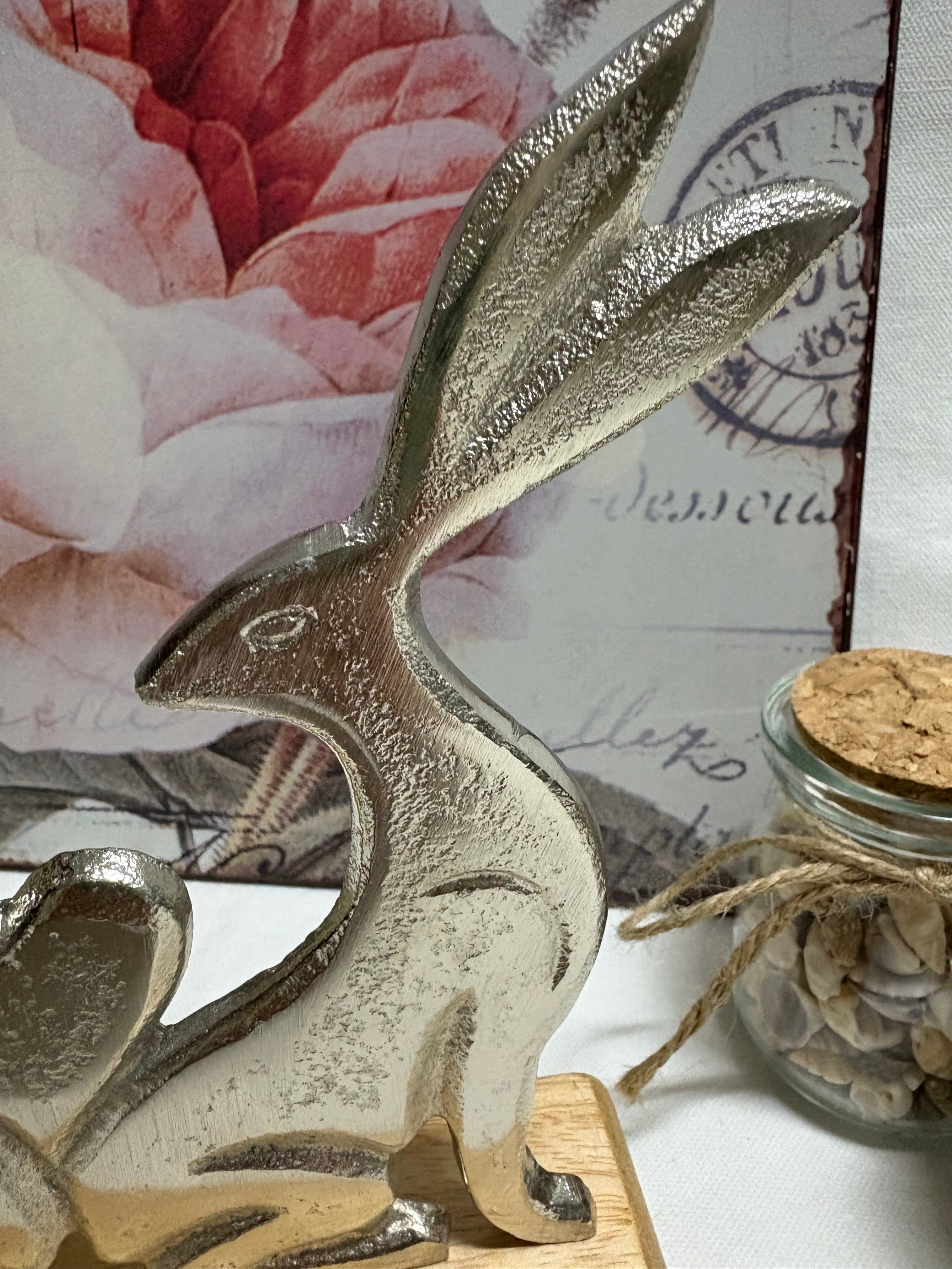 Pair of Metal Rabbits Hare Bunnies with Heart on Wooden Base Ornament - 2 Sizes