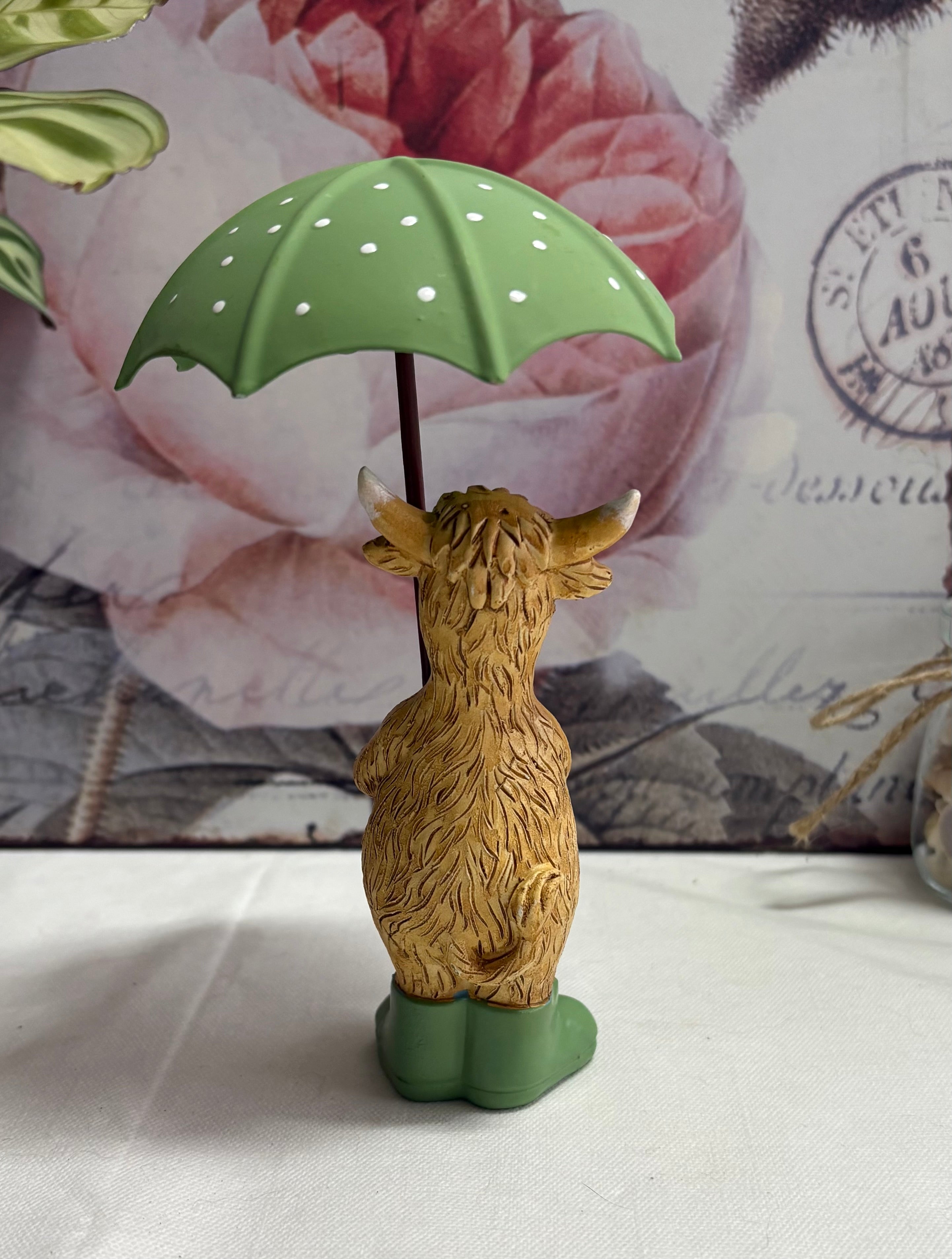 Standing Highland Cow with Green Umbrella Figure Ornament
