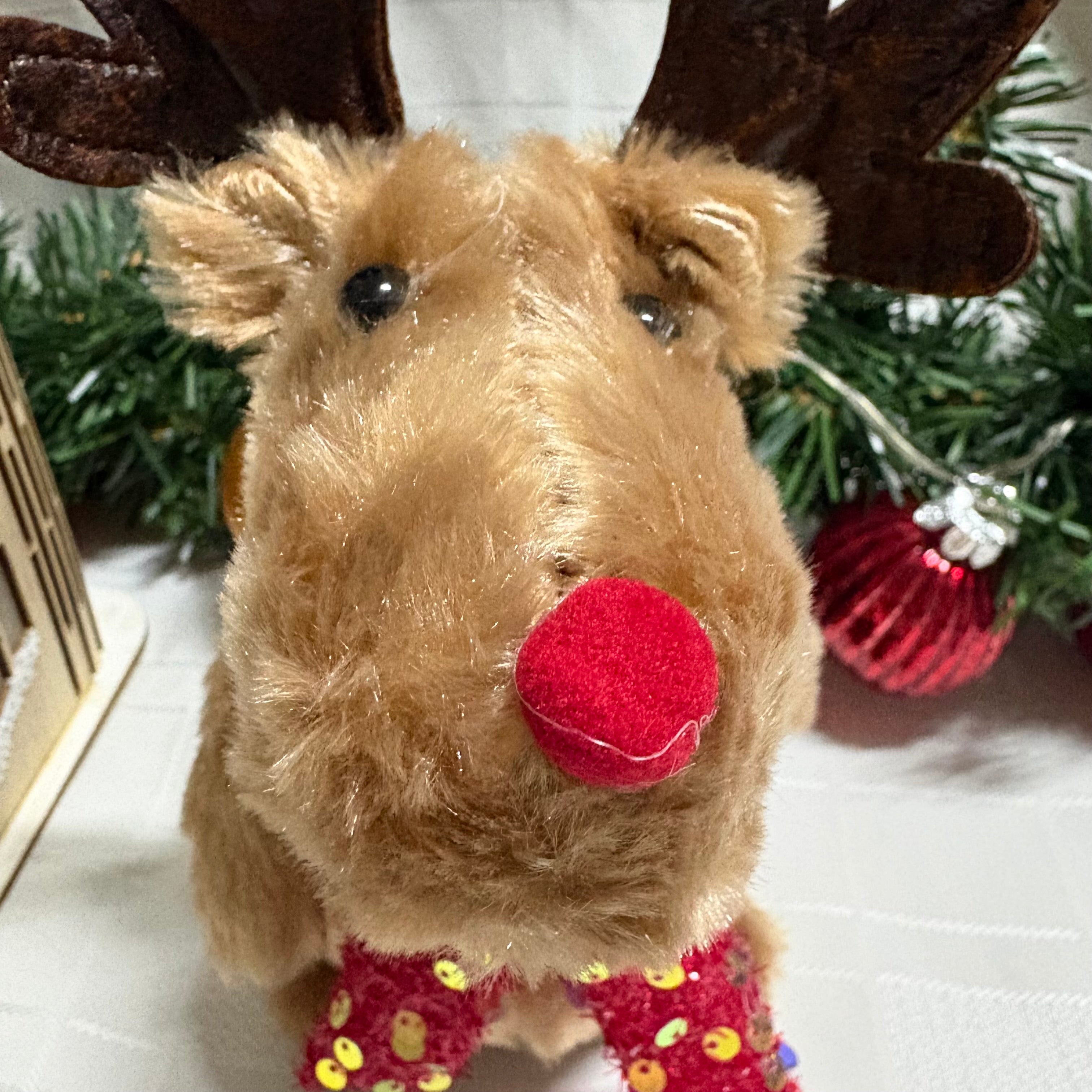 Fluffy Reindeer Plush with Red Sequin Scarf Ornament & Stocking Set