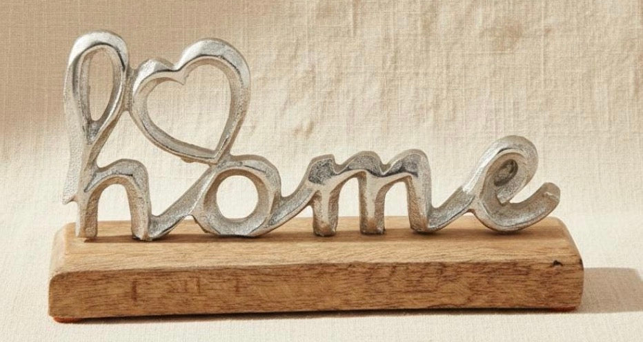 Metal 'Home' Sign on Wooden Base