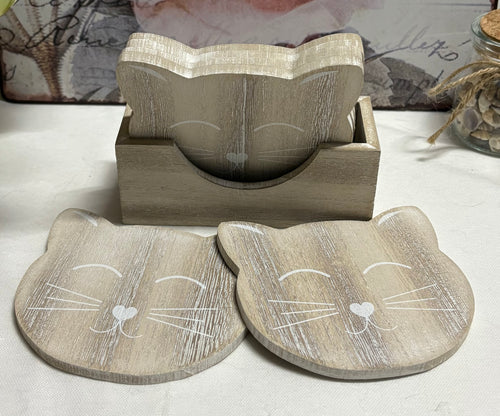 6 x Cat Face Coasters with Wooden Box, 12cm