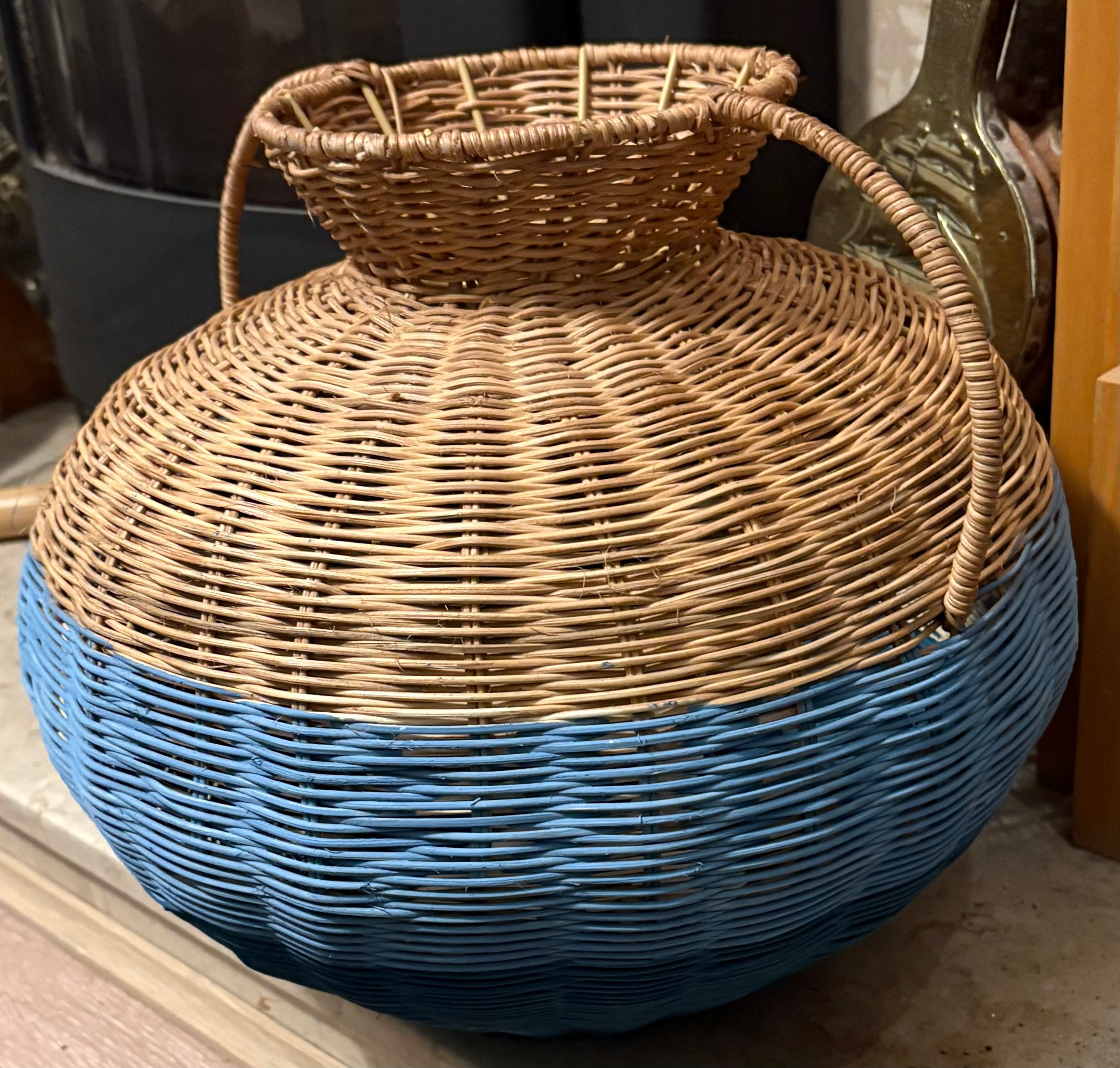 Blue Stripe Rattan Pot Vase With Handles