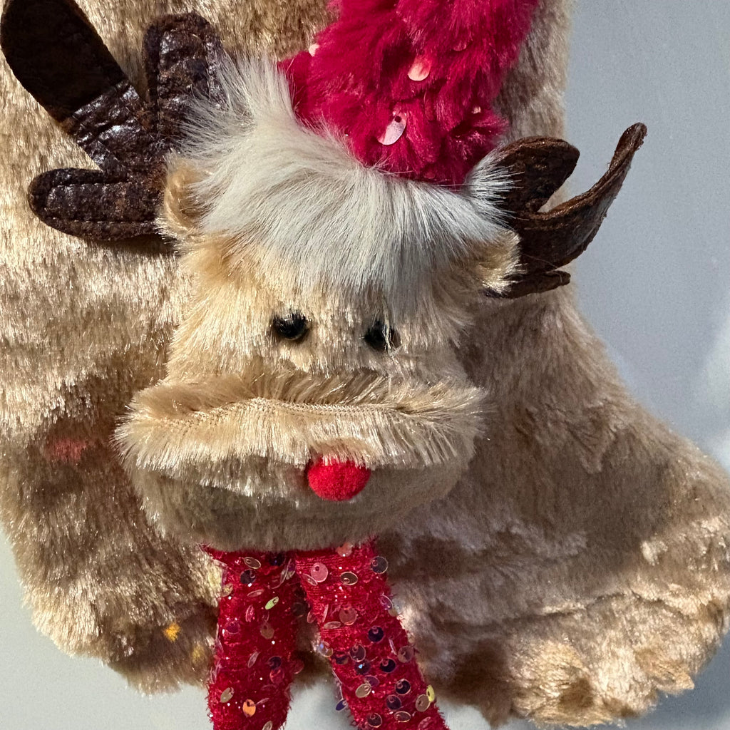 Fluffy Reindeer Plush with Red Sequin Scarf Ornament & Stocking Set