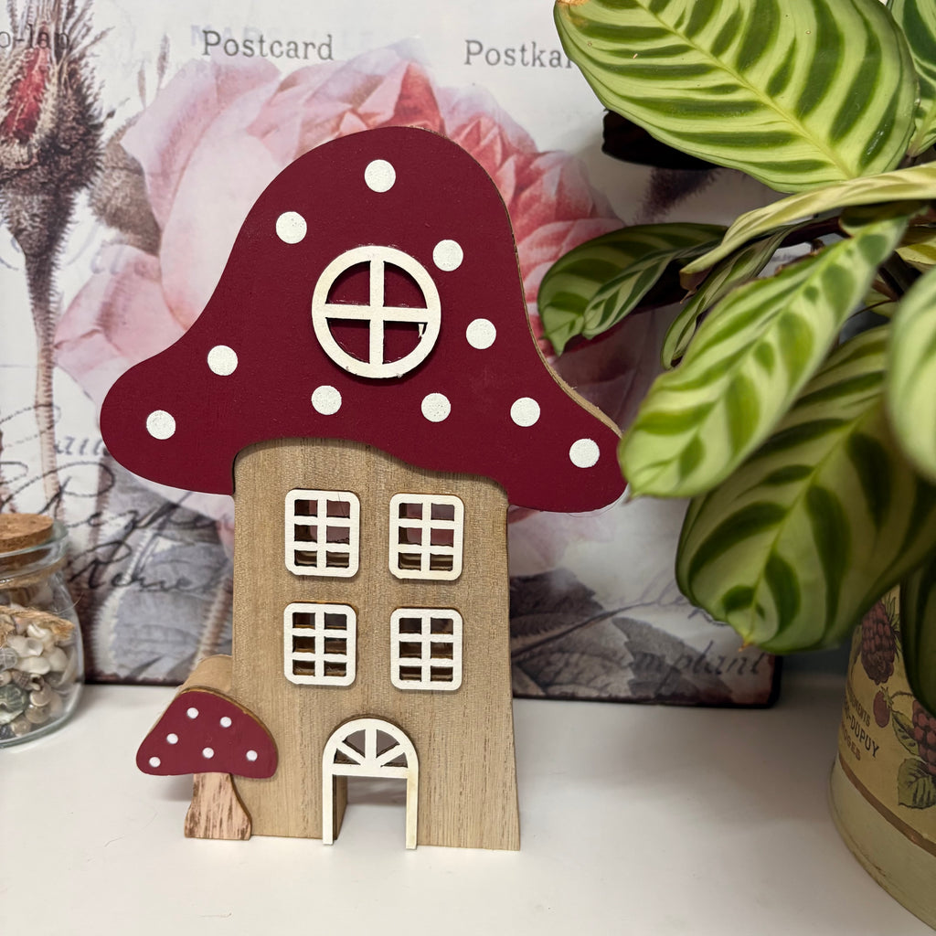 Wooden Mushroom House With Red Roof Ornament