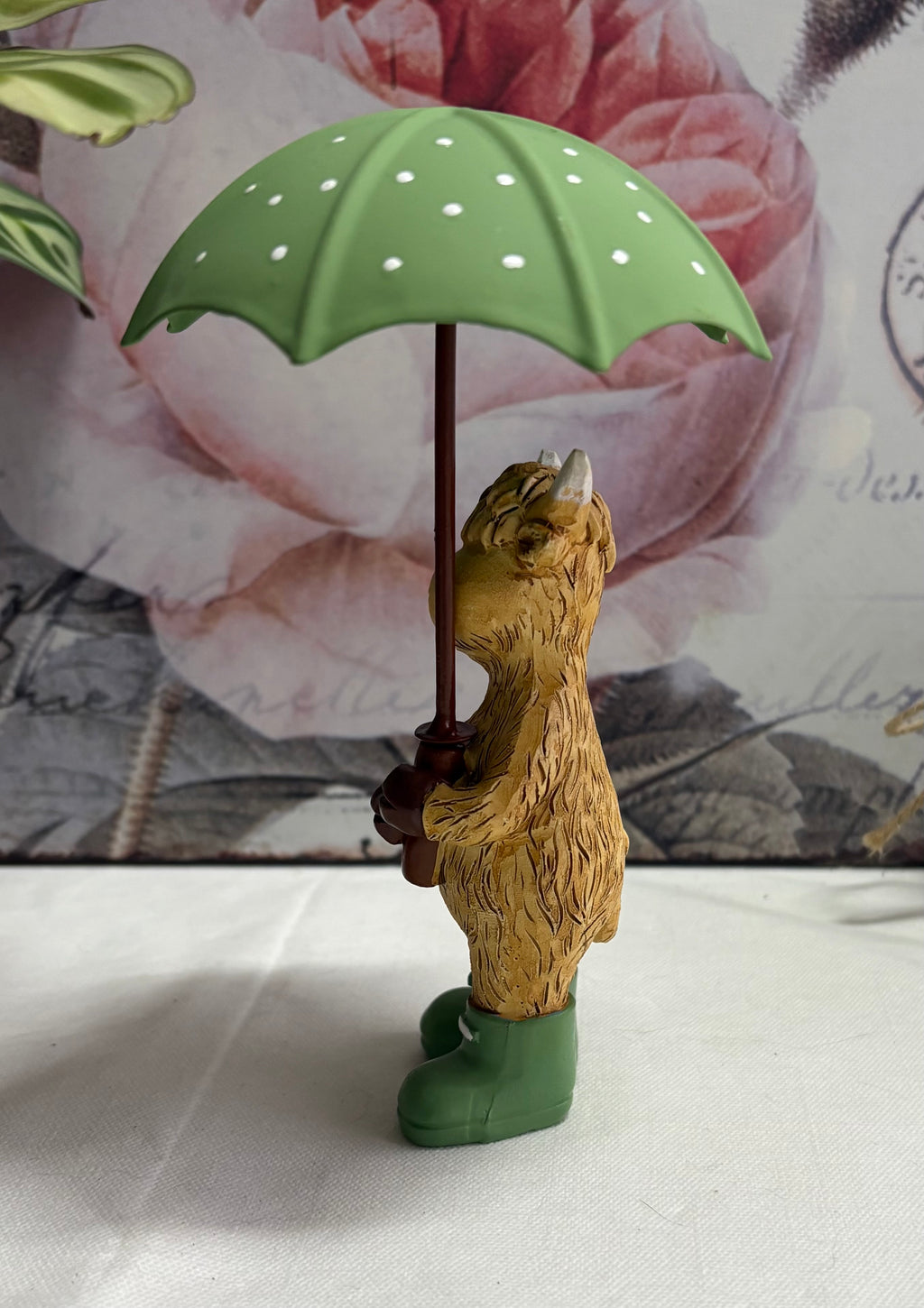Standing Highland Cow with Green Umbrella Figure Ornament