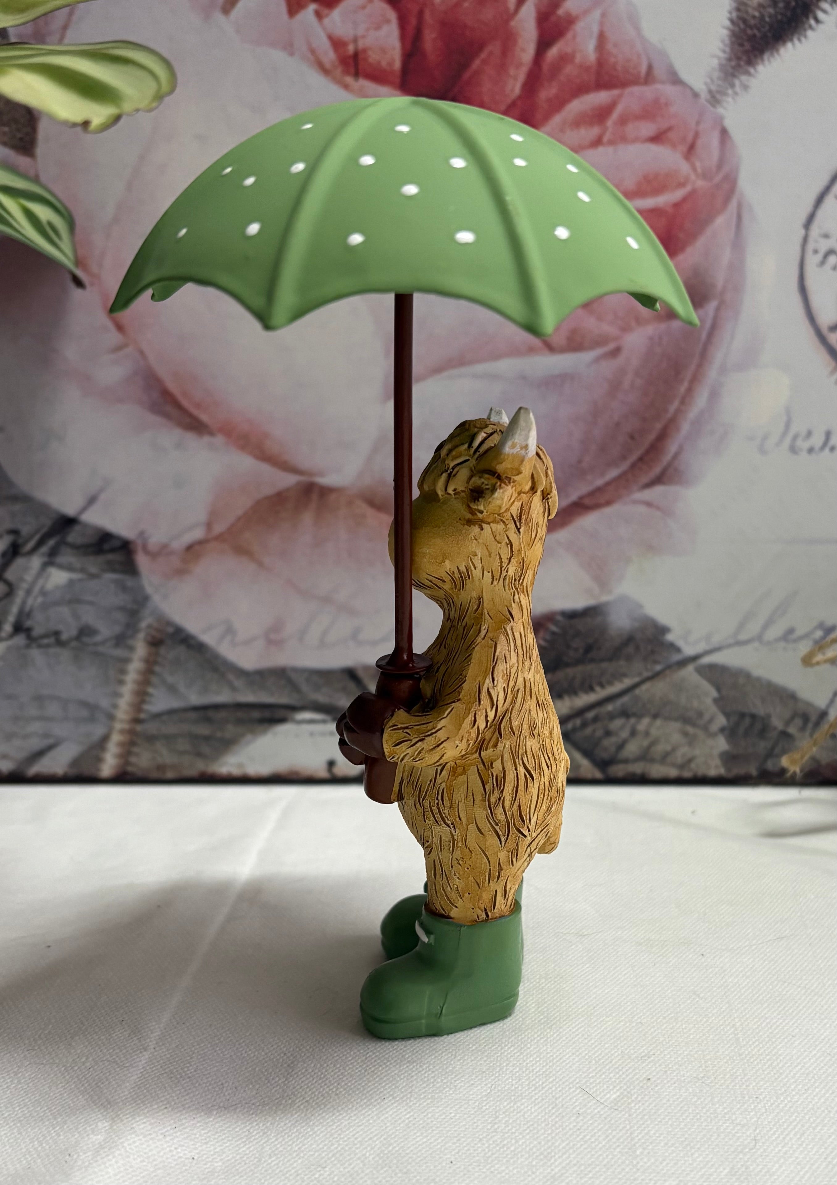 Standing Highland Cow with Green Umbrella Figure Ornament