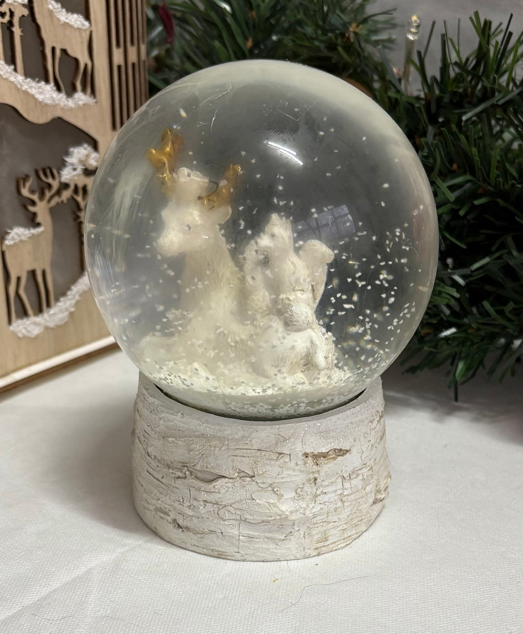 Beautiful Medium Sized Deer and Friends with Rustic Base Snow Globe