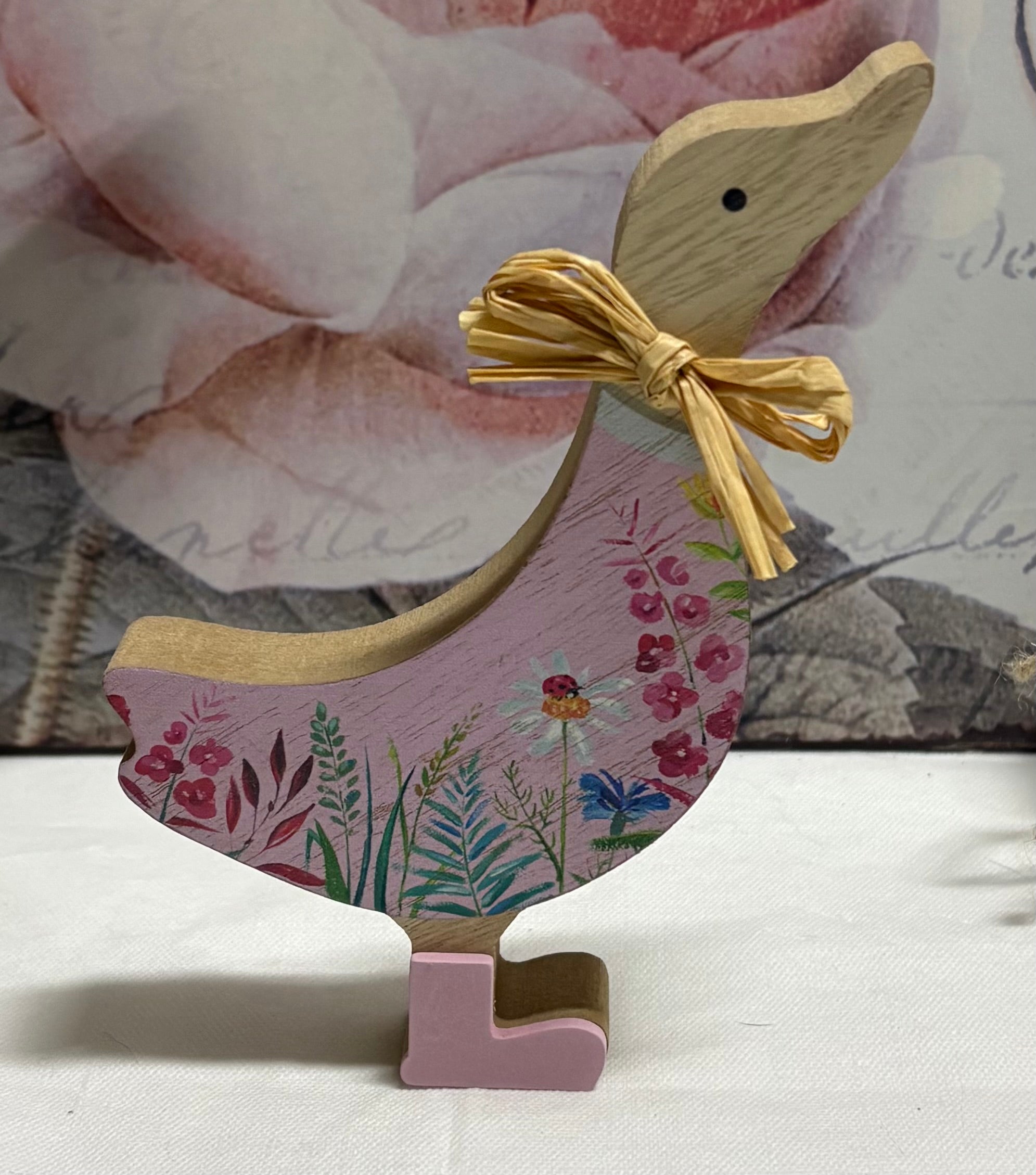 Floral Wooden Duck Ornament - Pink, 15cm