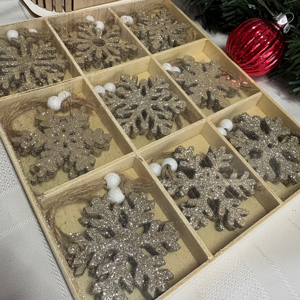 Set of 18 x Gold Glittery Wooden Snowflake Hanging Christmas Decorations