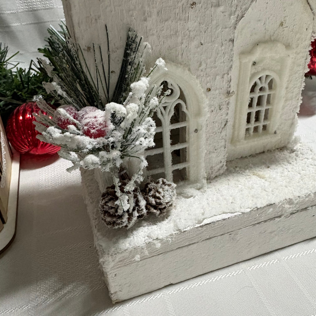White Snow Covered Wooden LED Light Up House Ornament