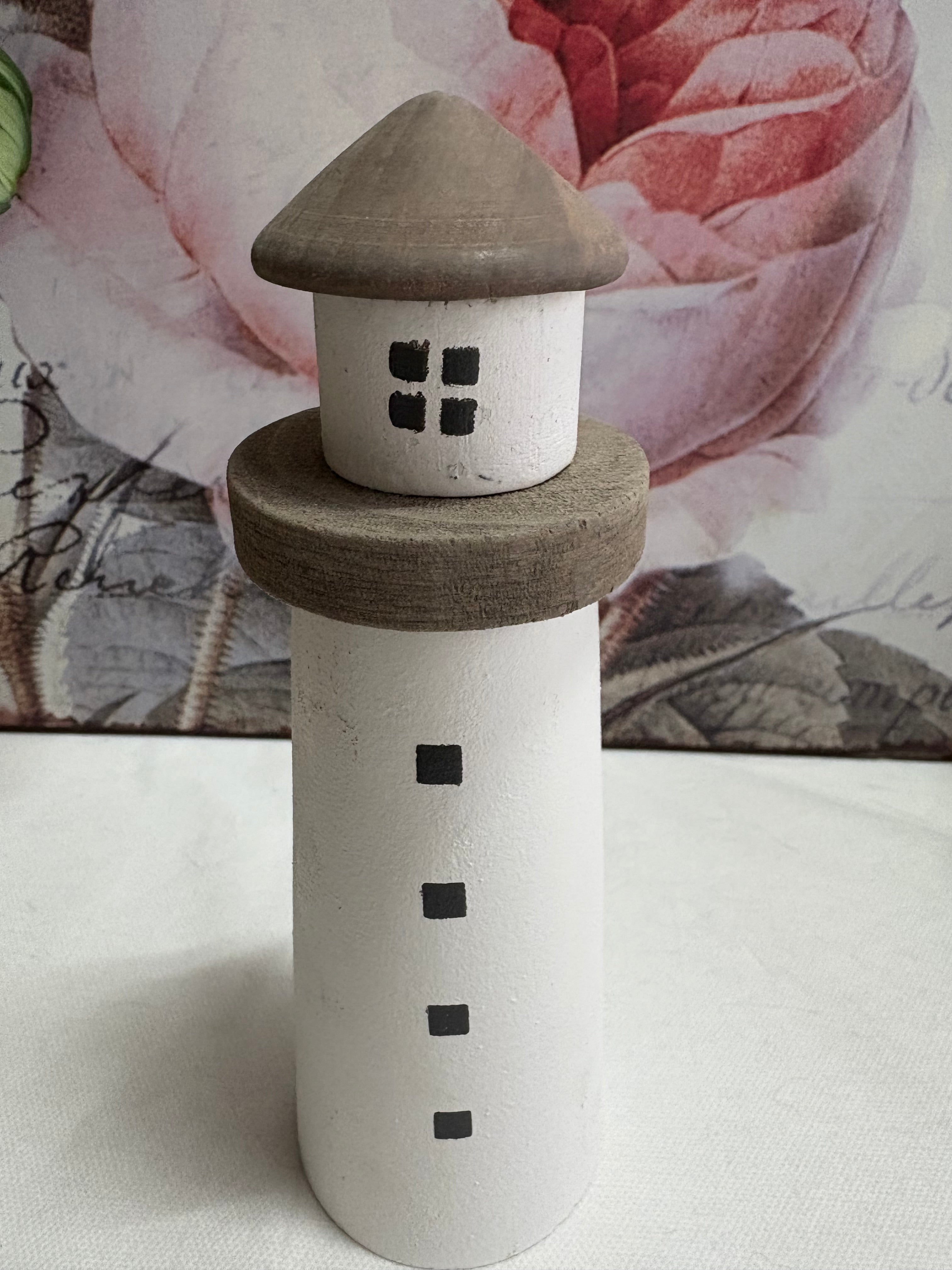 Wooden White Light House Deco, 15cm