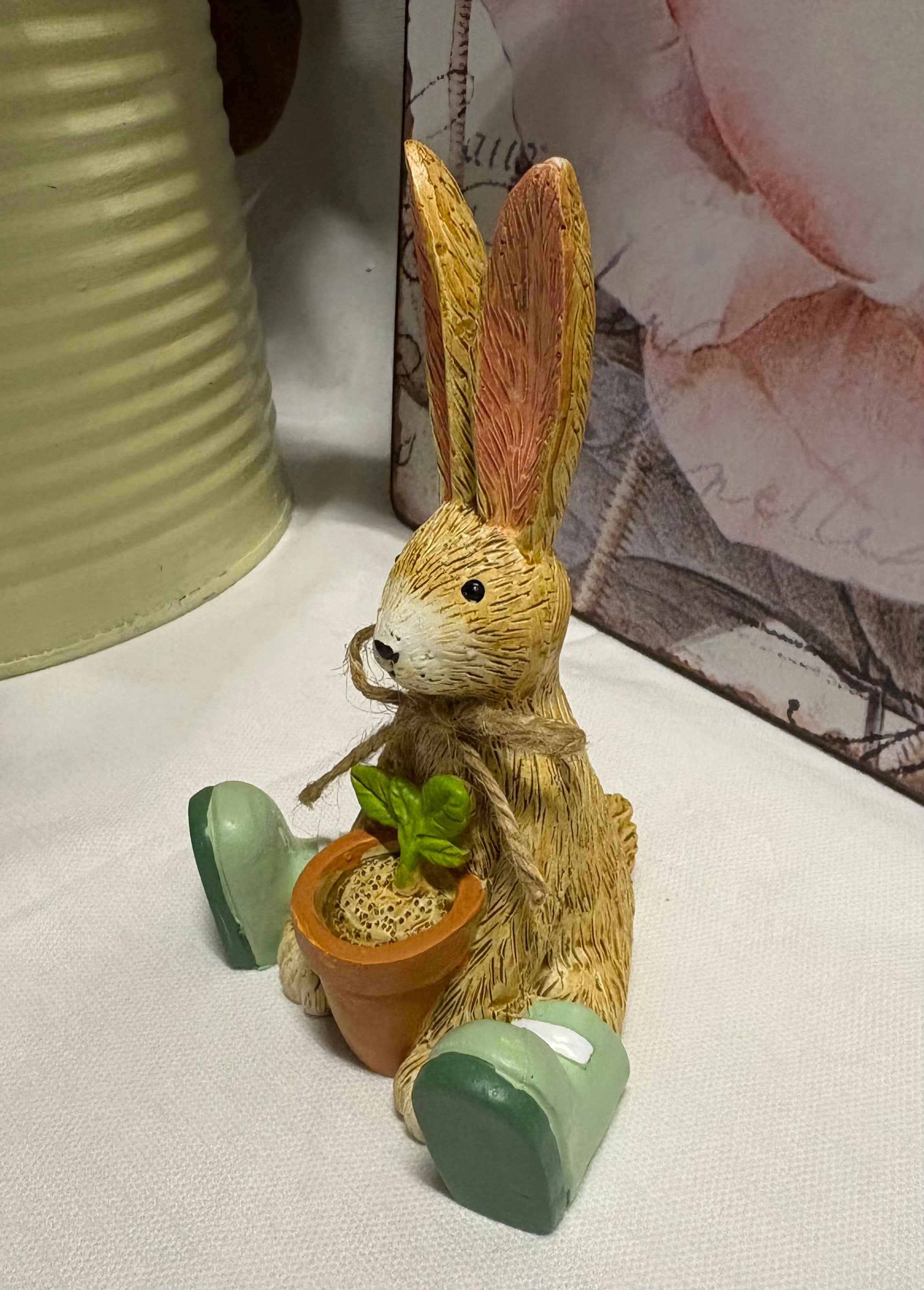Hand Painted Sitting Plant Pot Bunny Resin Figure