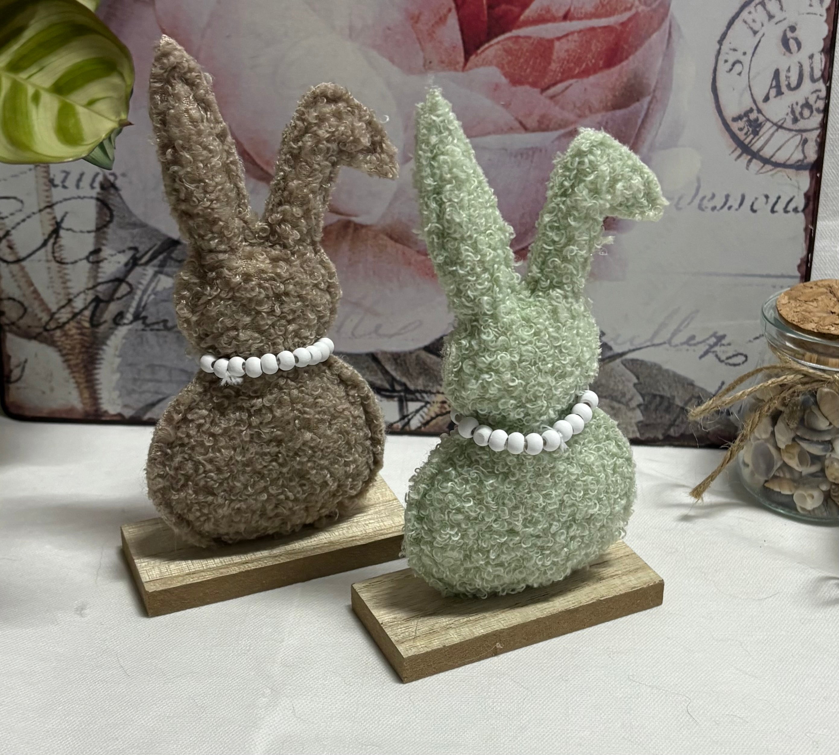 Pair of Sherpa Green And Brown Rabbits on Wooden Base, 17cm