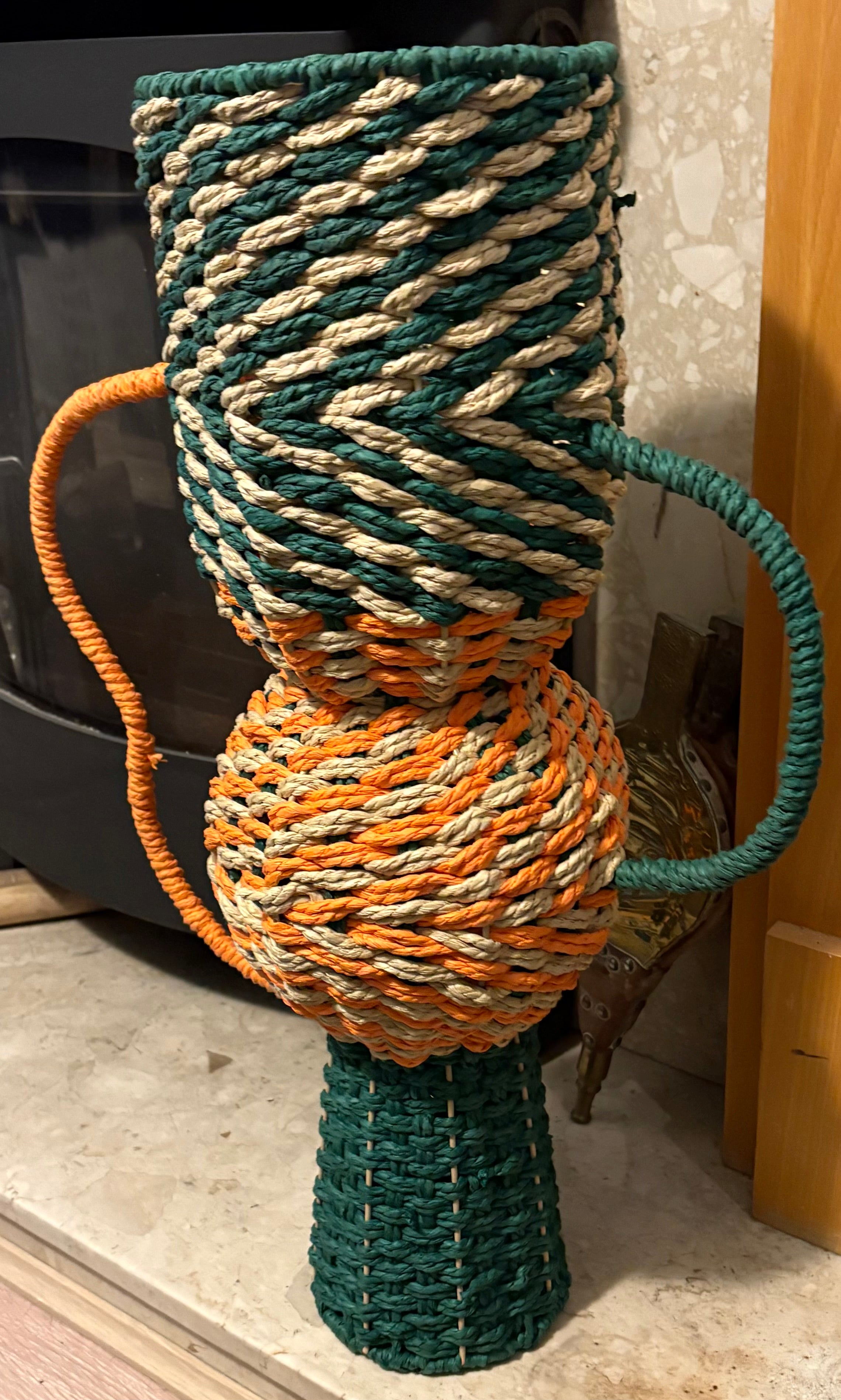 Large Orange and Green Rope Vase With Shaped Handles