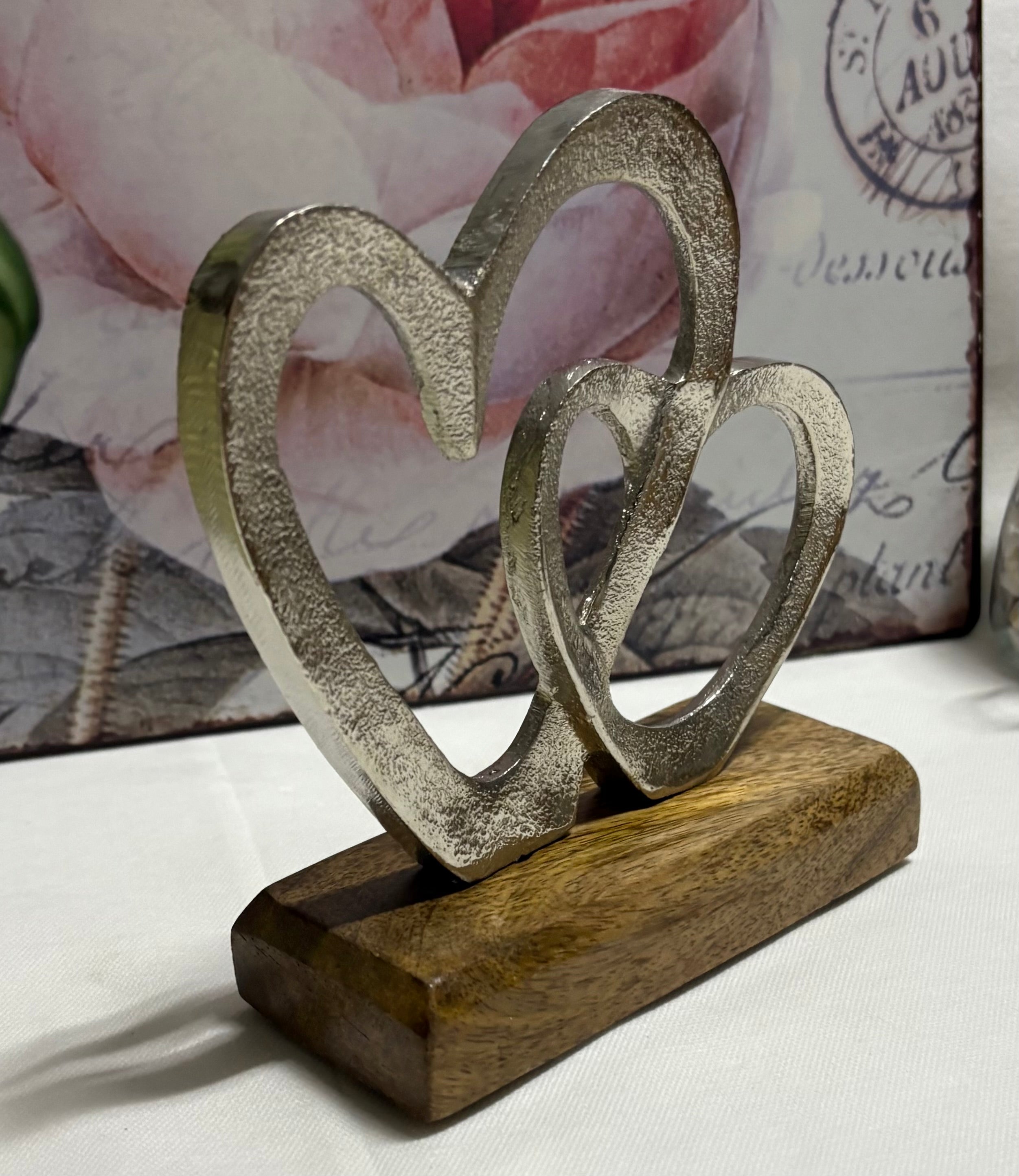 Metal Hearts on Wooden Base Ornament