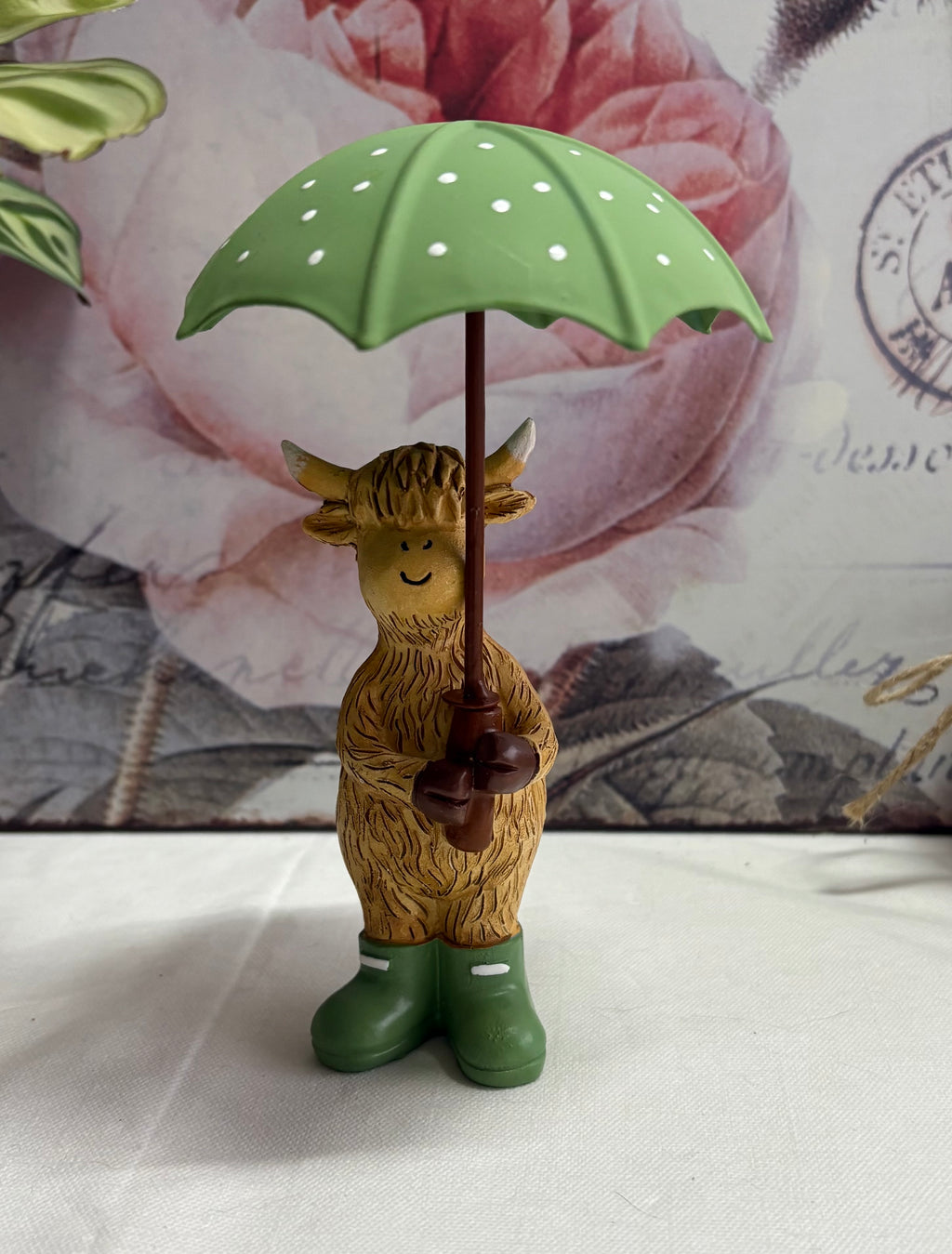 Standing Highland Cow with Green Umbrella Figure Ornament