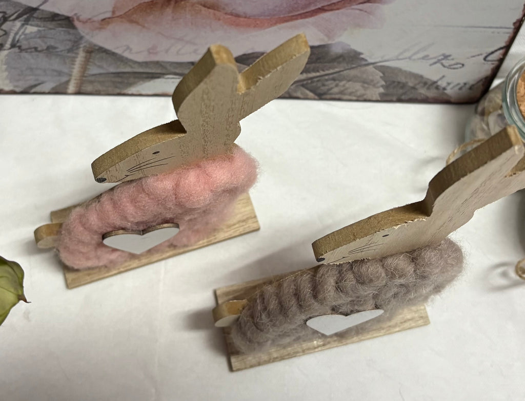 Pair of Wood & Wool Rabbit Ornaments