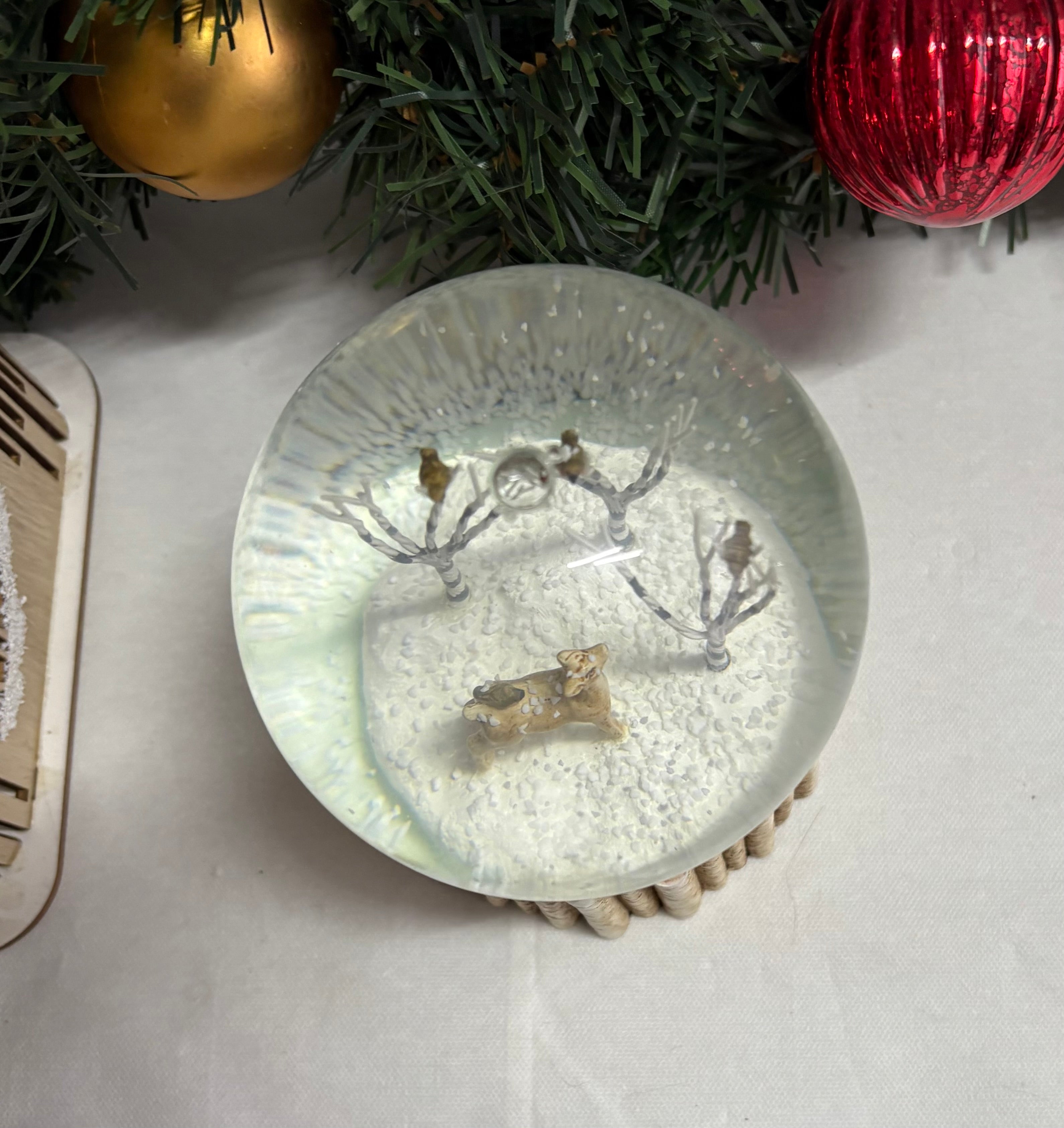 Beautiful Medium Sized Deer & Birds Wooden Base Snow Globe