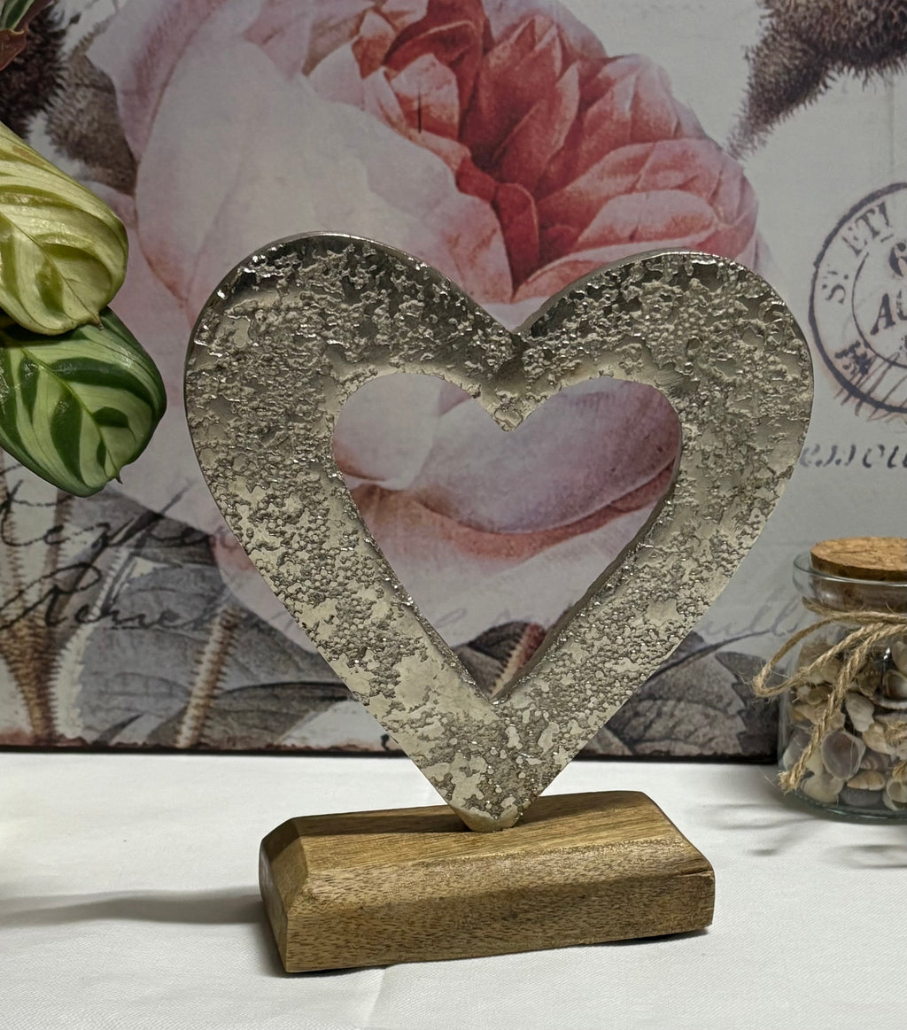 Hammered Metal Heart on Wooden Block Ornament