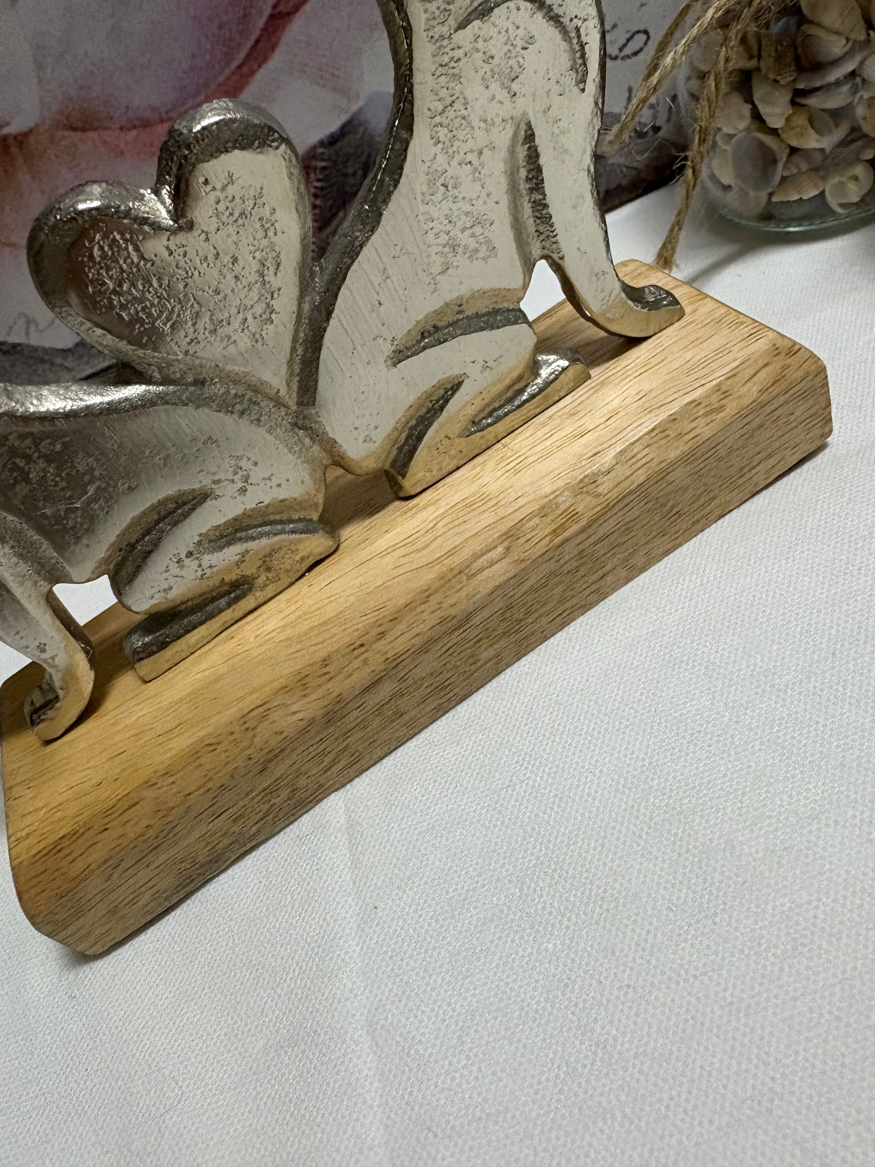 Pair of Metal Rabbits Hare Bunnies with Heart on Wooden Base Ornament - 2 Sizes