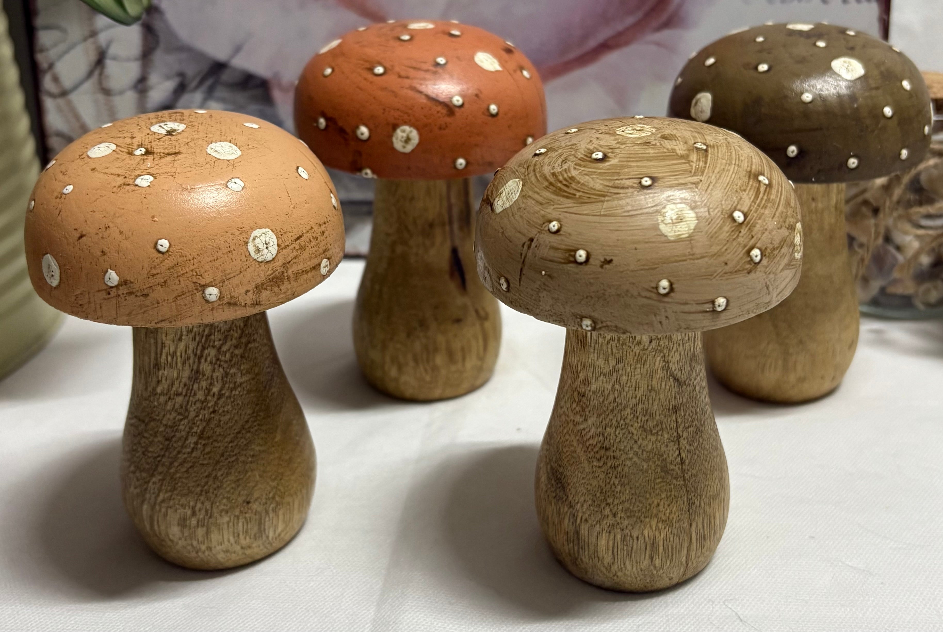 Set of 4 x Different Coloured 10cm Wooden Mushrooms