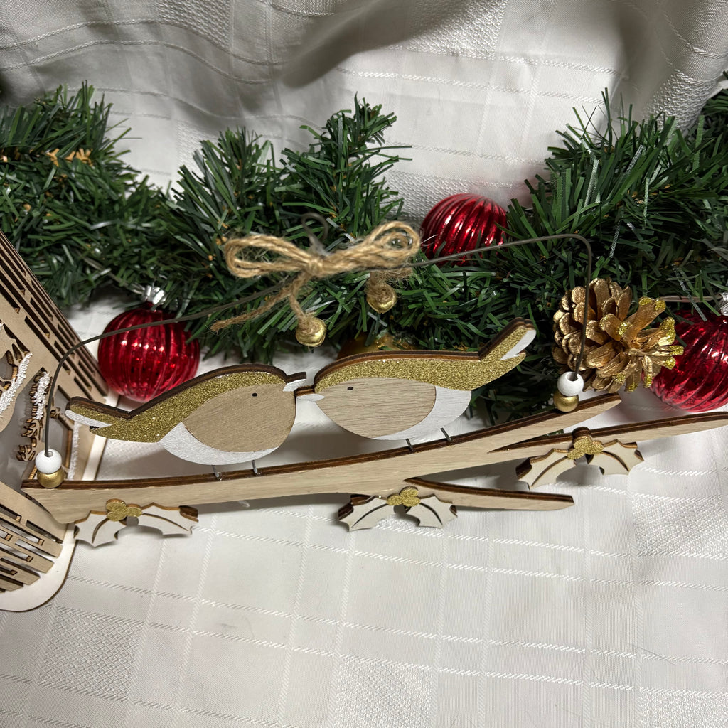 Wooden Gold Glitter Bird & Holly Hanging Decoration